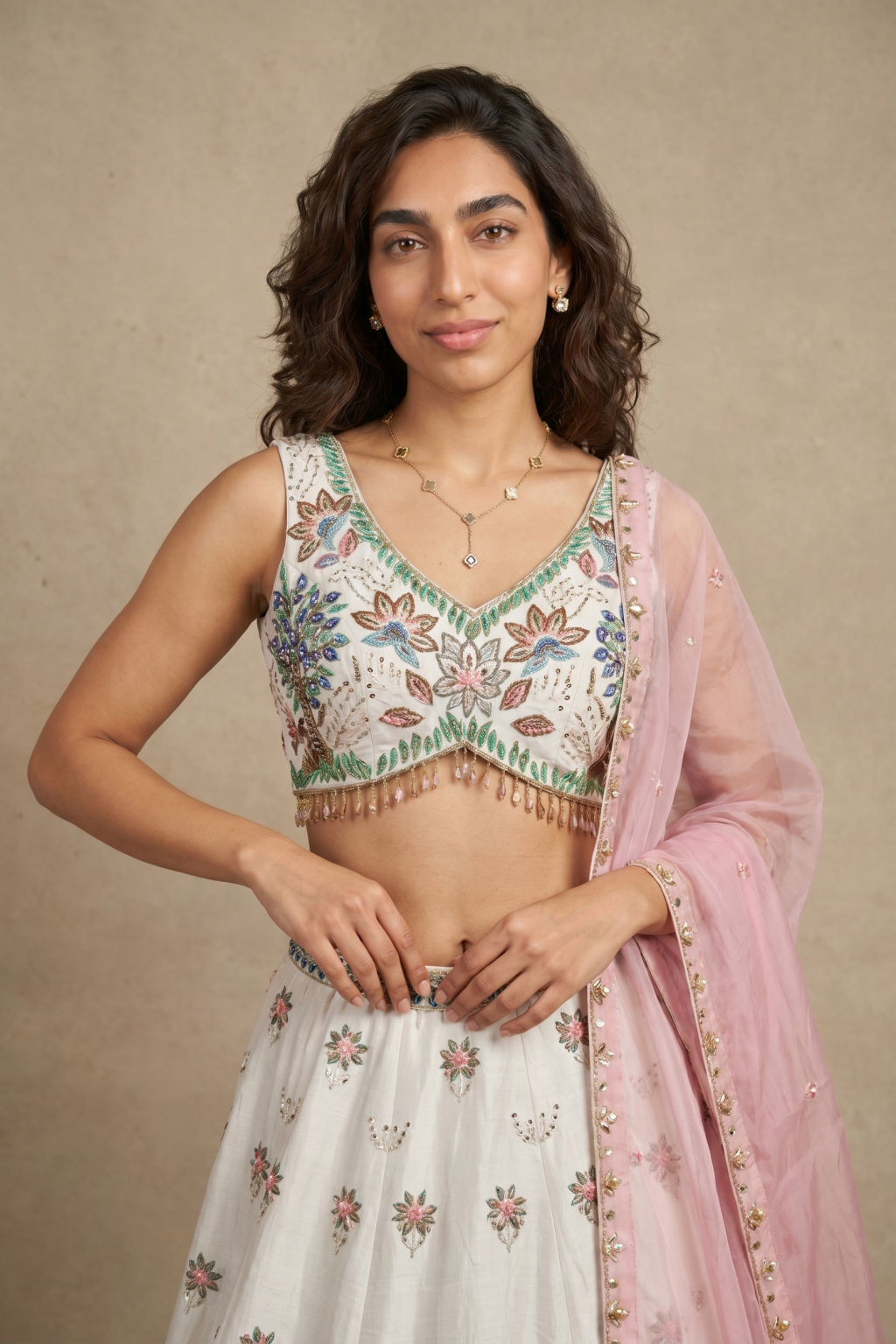 Off White Silk Lehenga with Pink Organza Dupatta