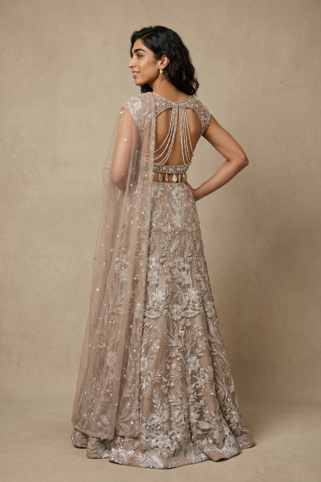 Light Brown Net Fish Cut Lehenga