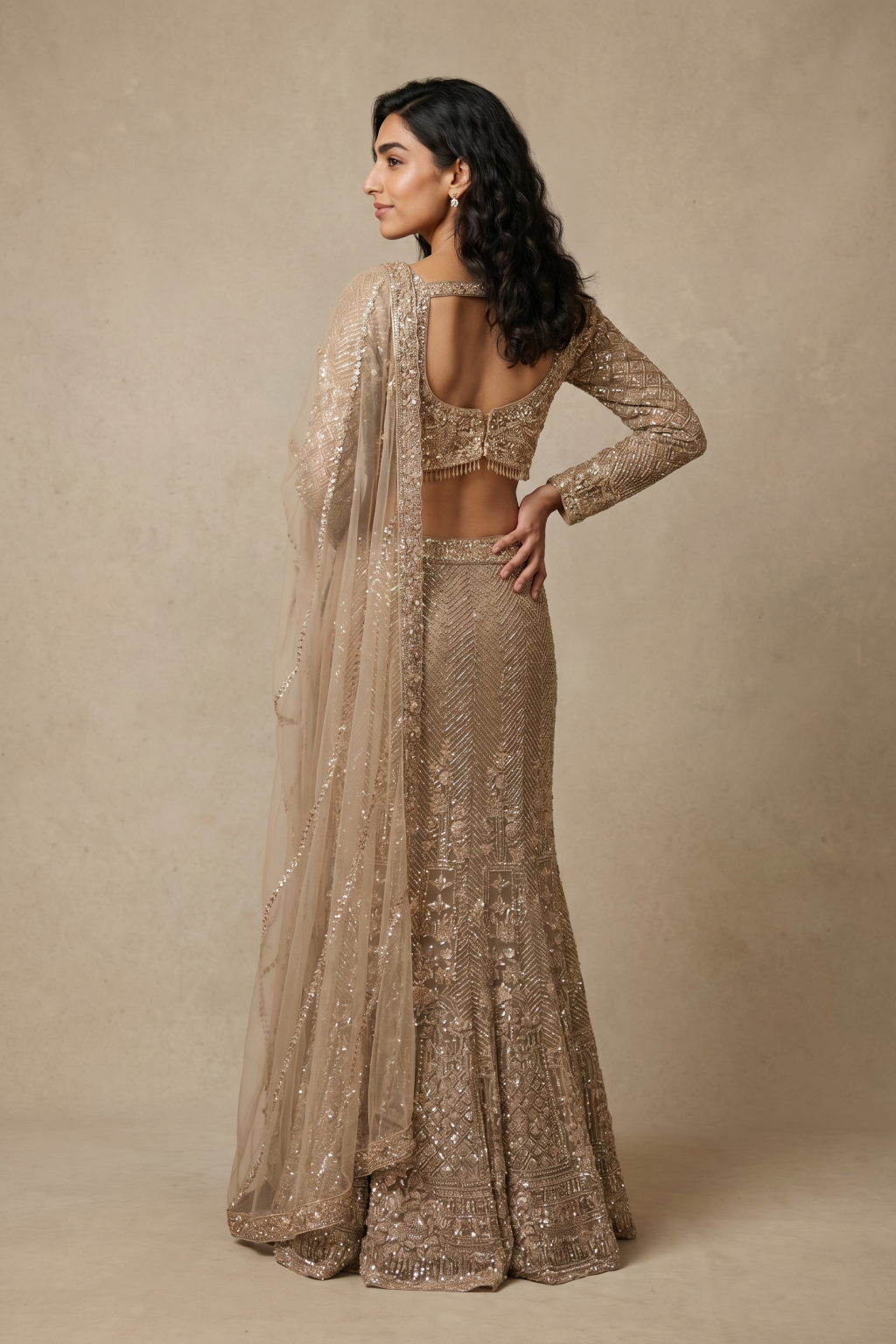 Gold Net Fish Cut Lehenga with Cutdana & Sequin Embroidery