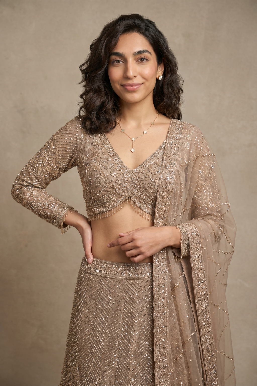 Gold Net Fish Cut Lehenga with Cutdana & Sequin Embroidery