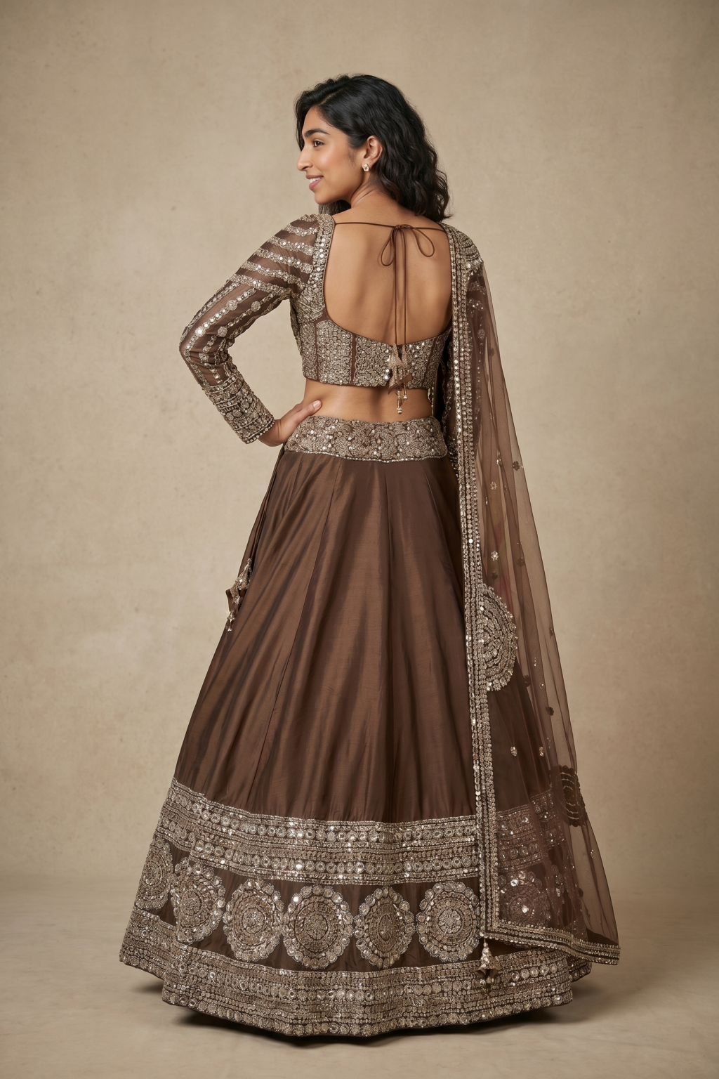 Brown Silk Lehenga with Mirror, Zardosi & Thread Zari Embroidery