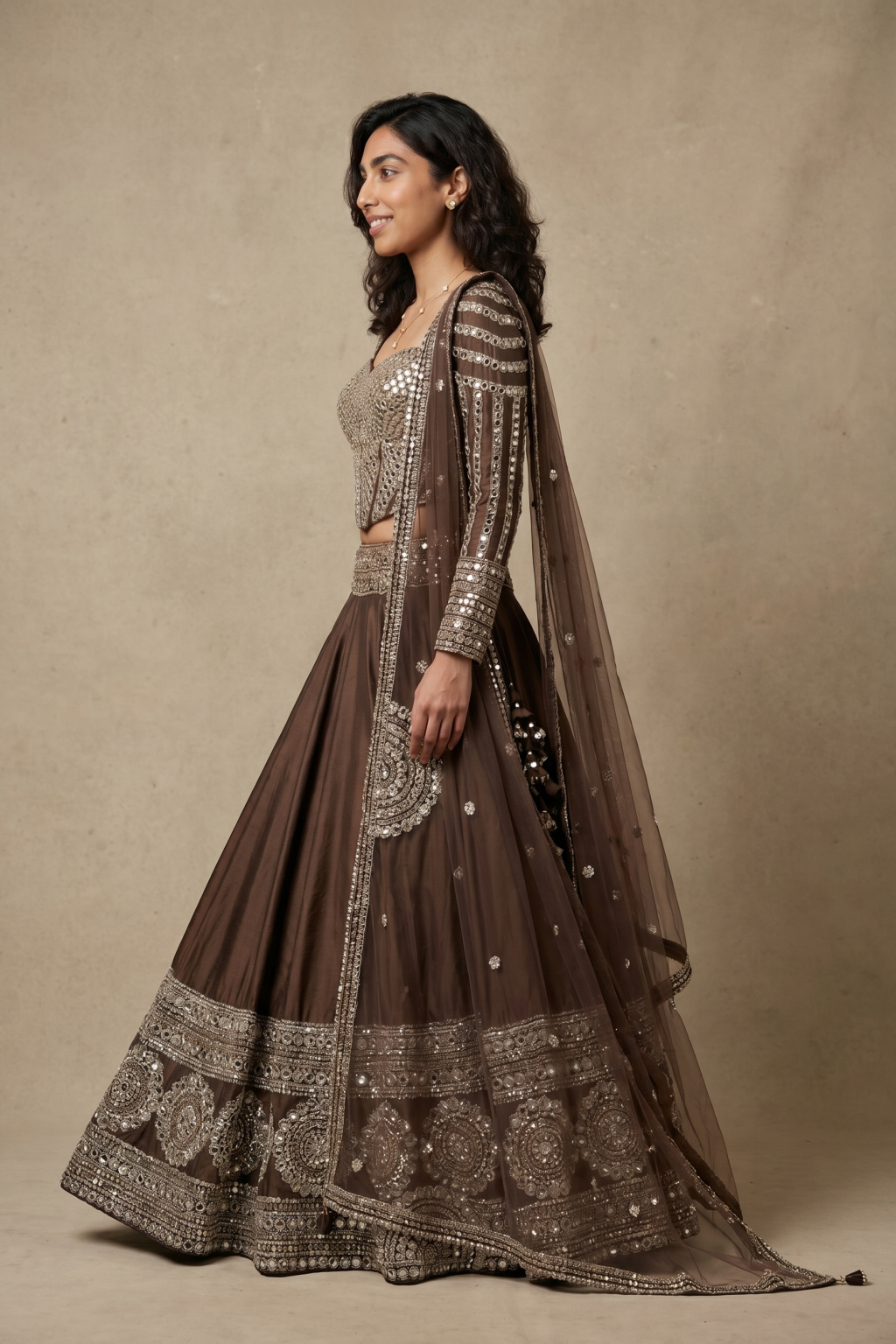 Brown Silk Lehenga with Mirror, Zardosi & Thread Zari Embroidery