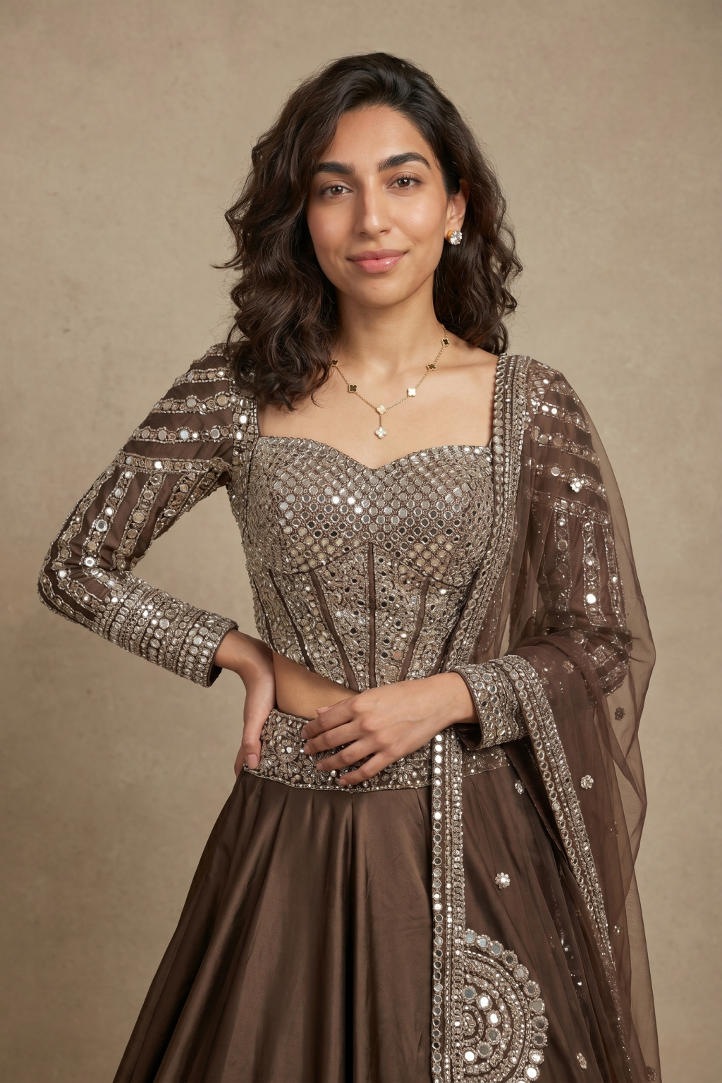 Brown Silk Lehenga with Mirror, Zardosi & Thread Zari Embroidery