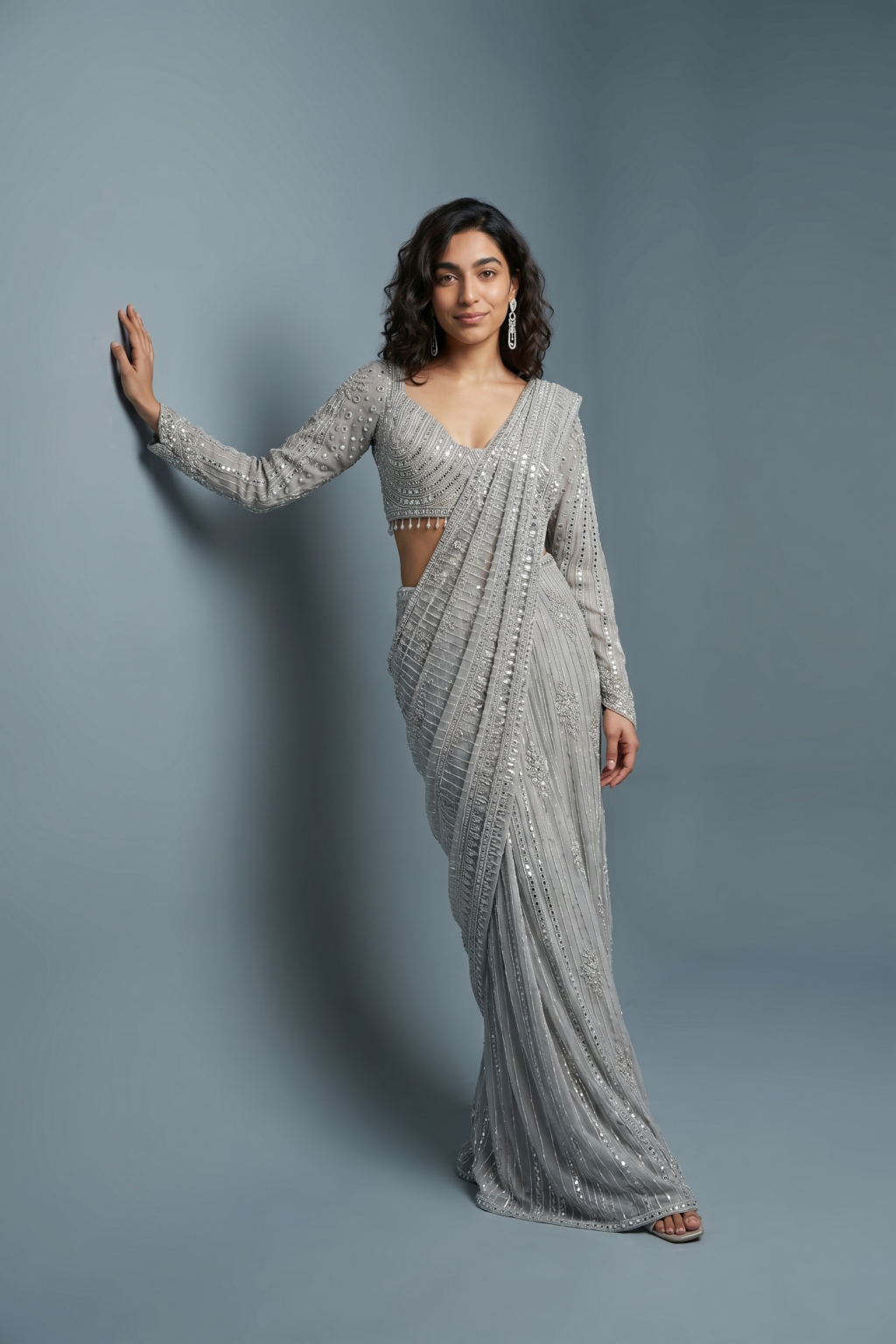 Silver Grey Embroidered Drape Saree