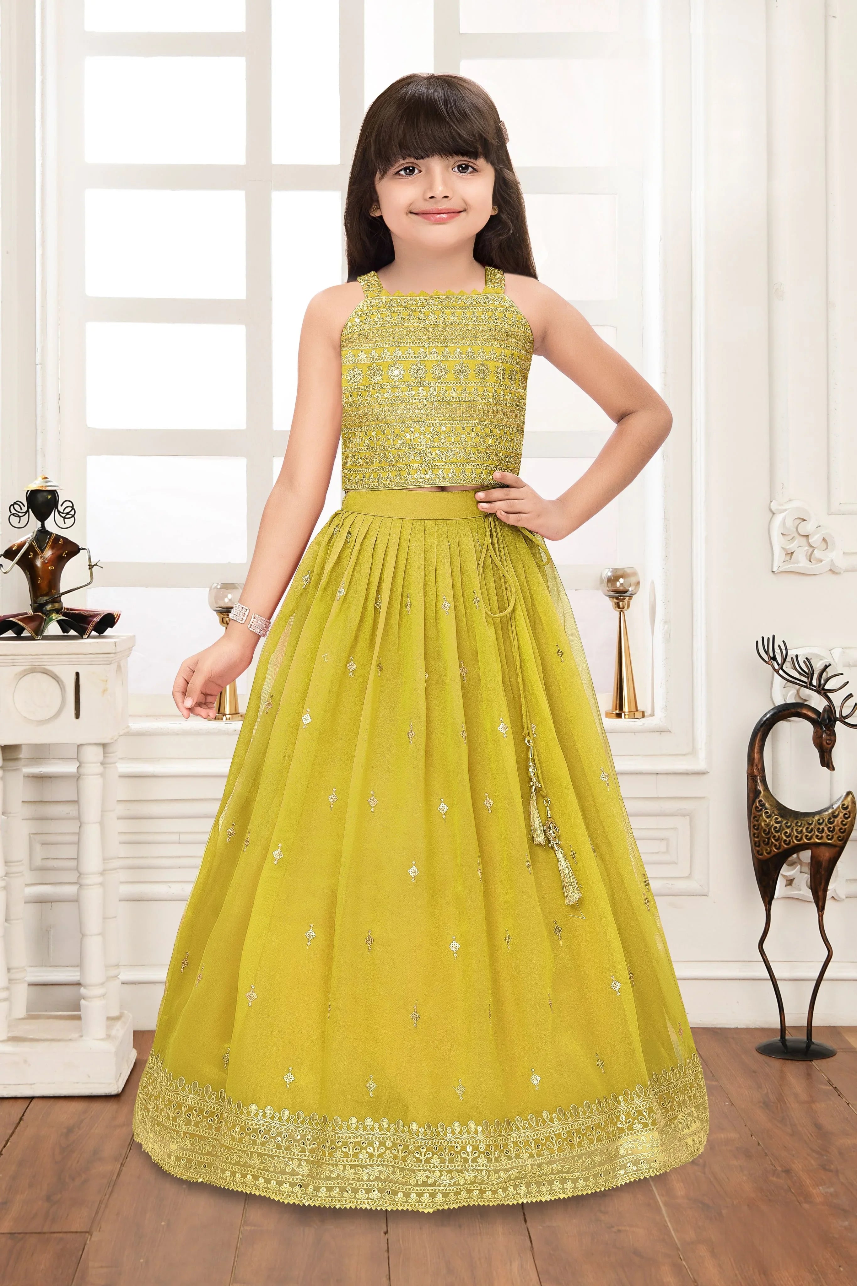 Green Kids Lehenga with Sequin & Zari Weaving | Mokshaa