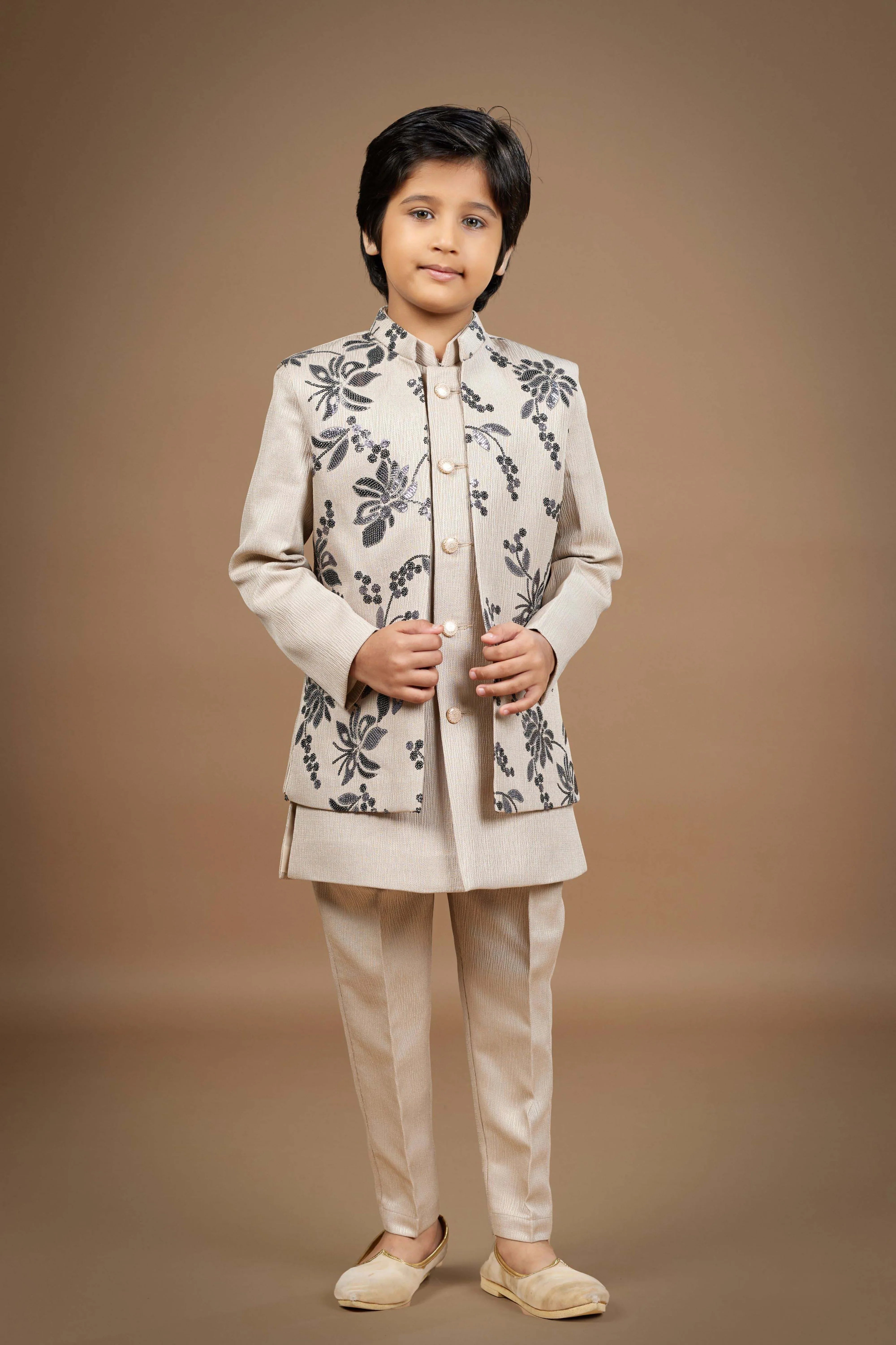 Boys Beige Bandi Set with Black Floral Embroidery | Mokshaa