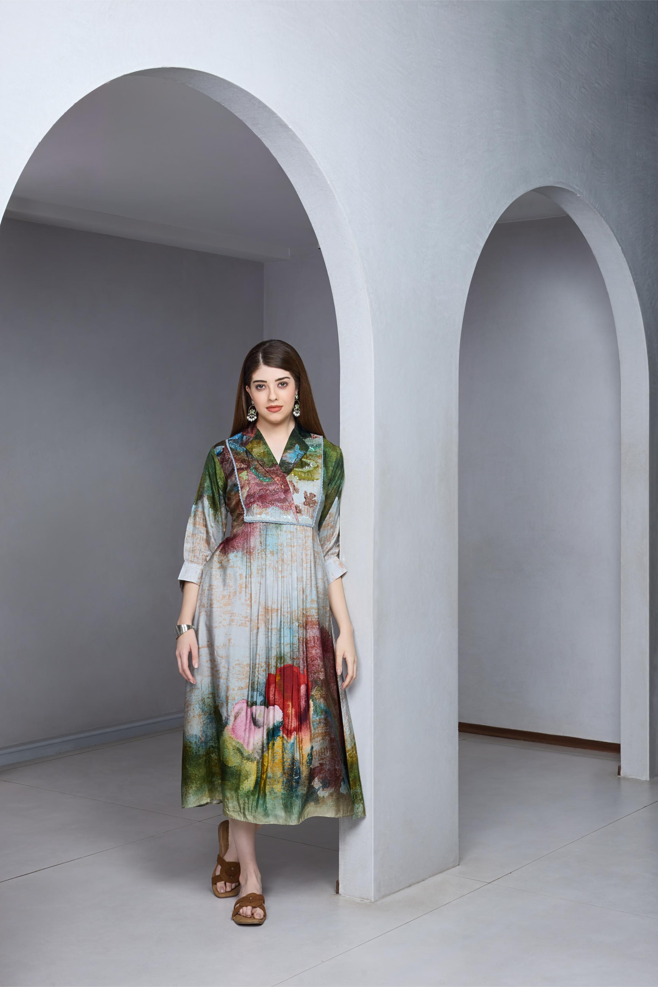 Multicolour Printed Silk Dress