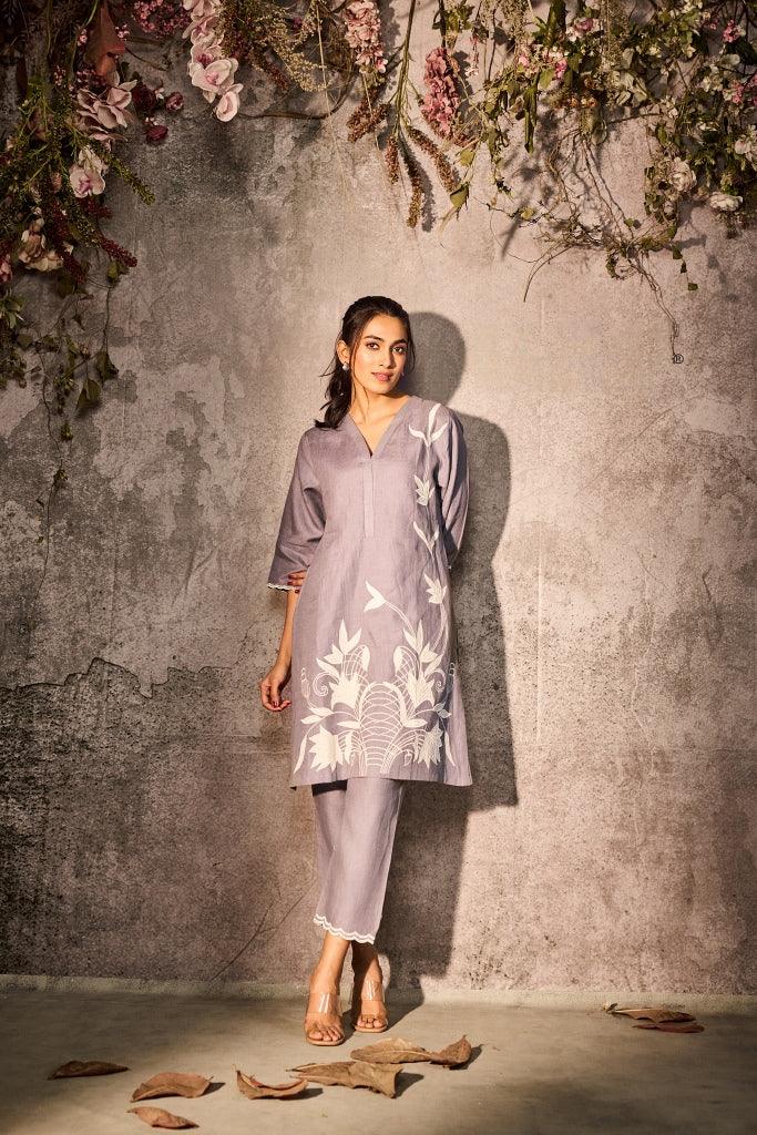 Grey Linen Co-Ord Set with Botanical Motif Print | Mokshaa