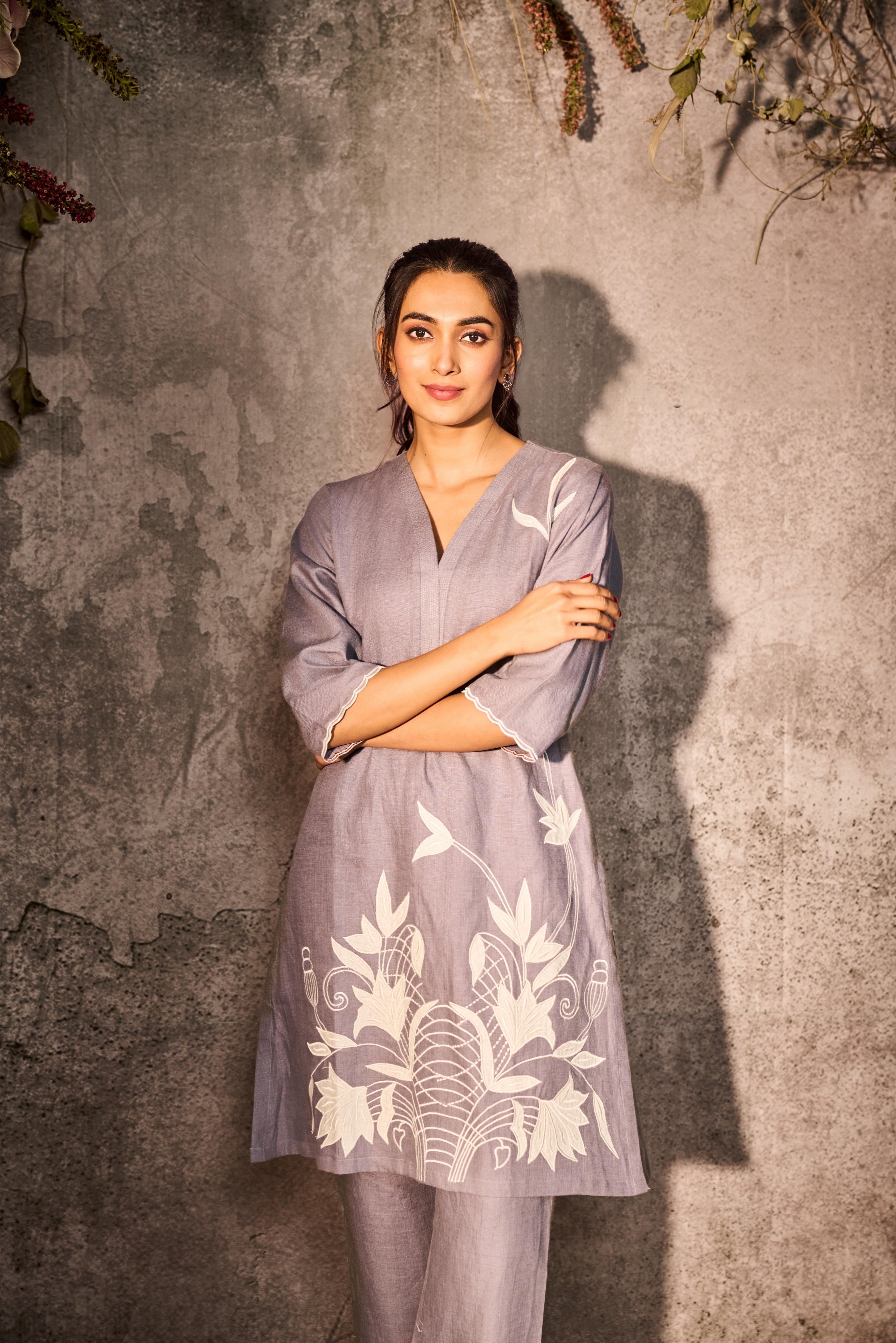 Lilac Grey Silk Kurti Set