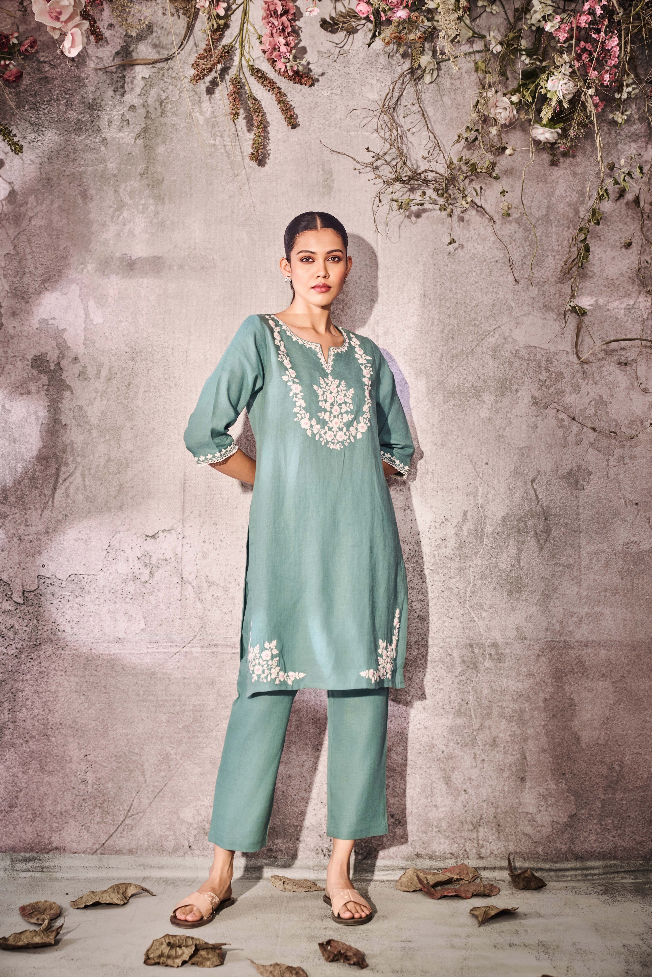 Sea Green Silk Kurti Set