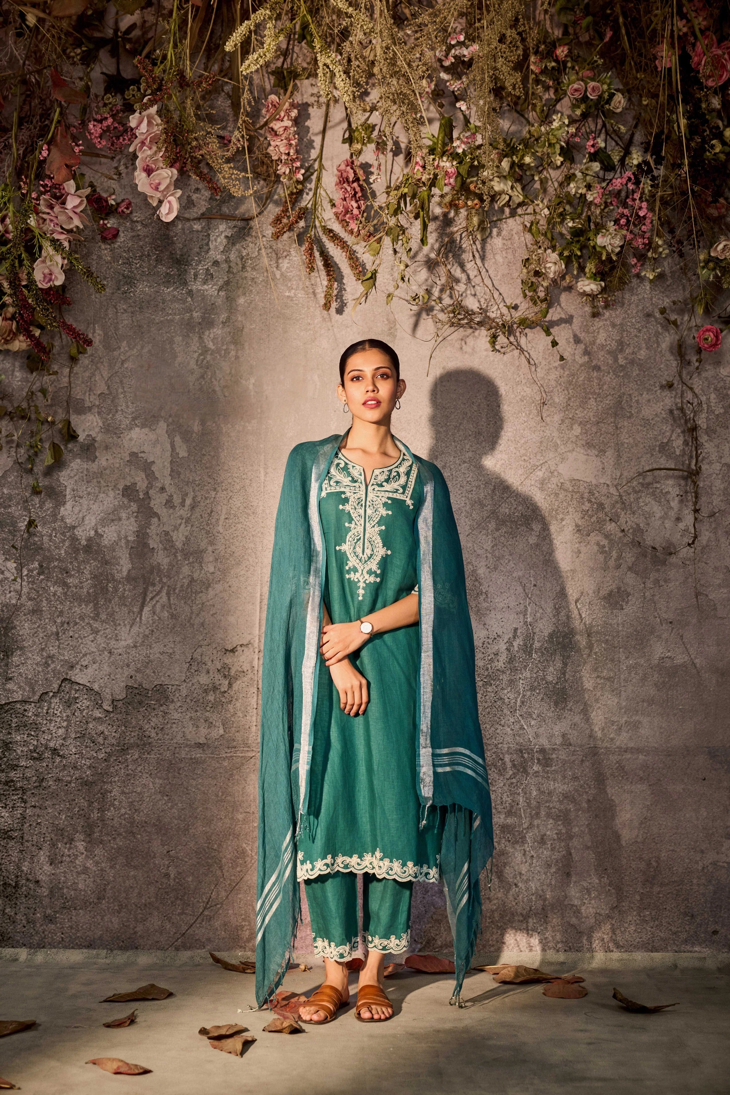 Teal Linen Kurta Set with Ivory Embroidery & Dupatta | Mokshaa