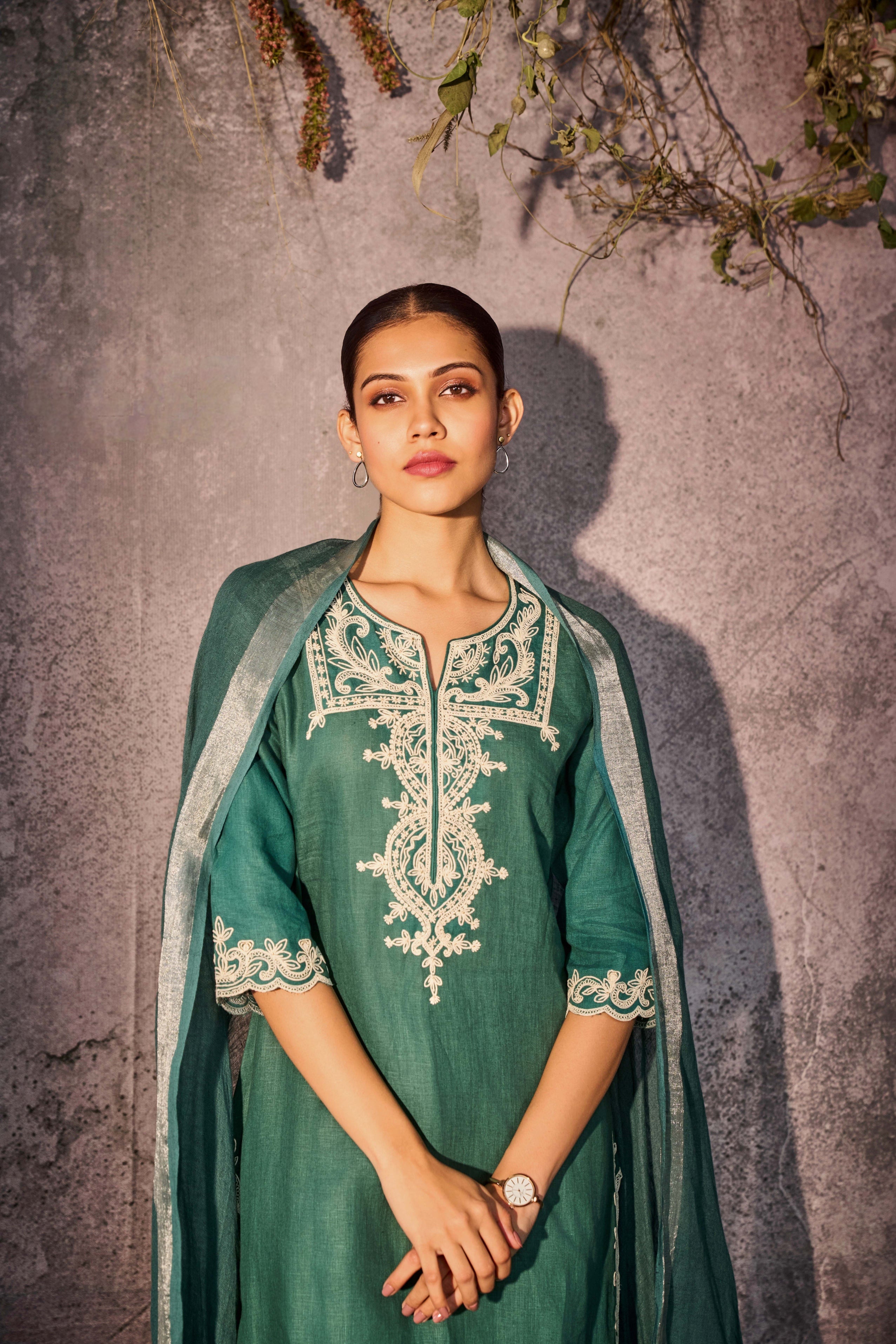 Teal Linen Kurta Set with Ivory Embroidery & Dupatta