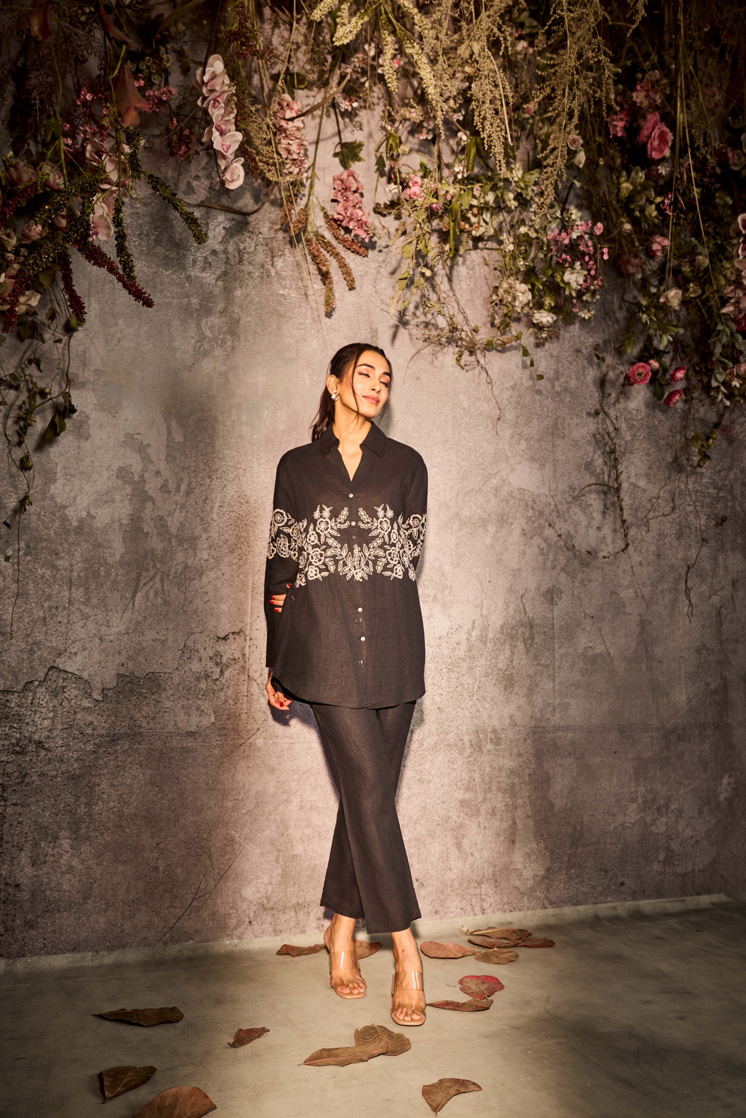 Black Linen Embroidered Co-Ord Set