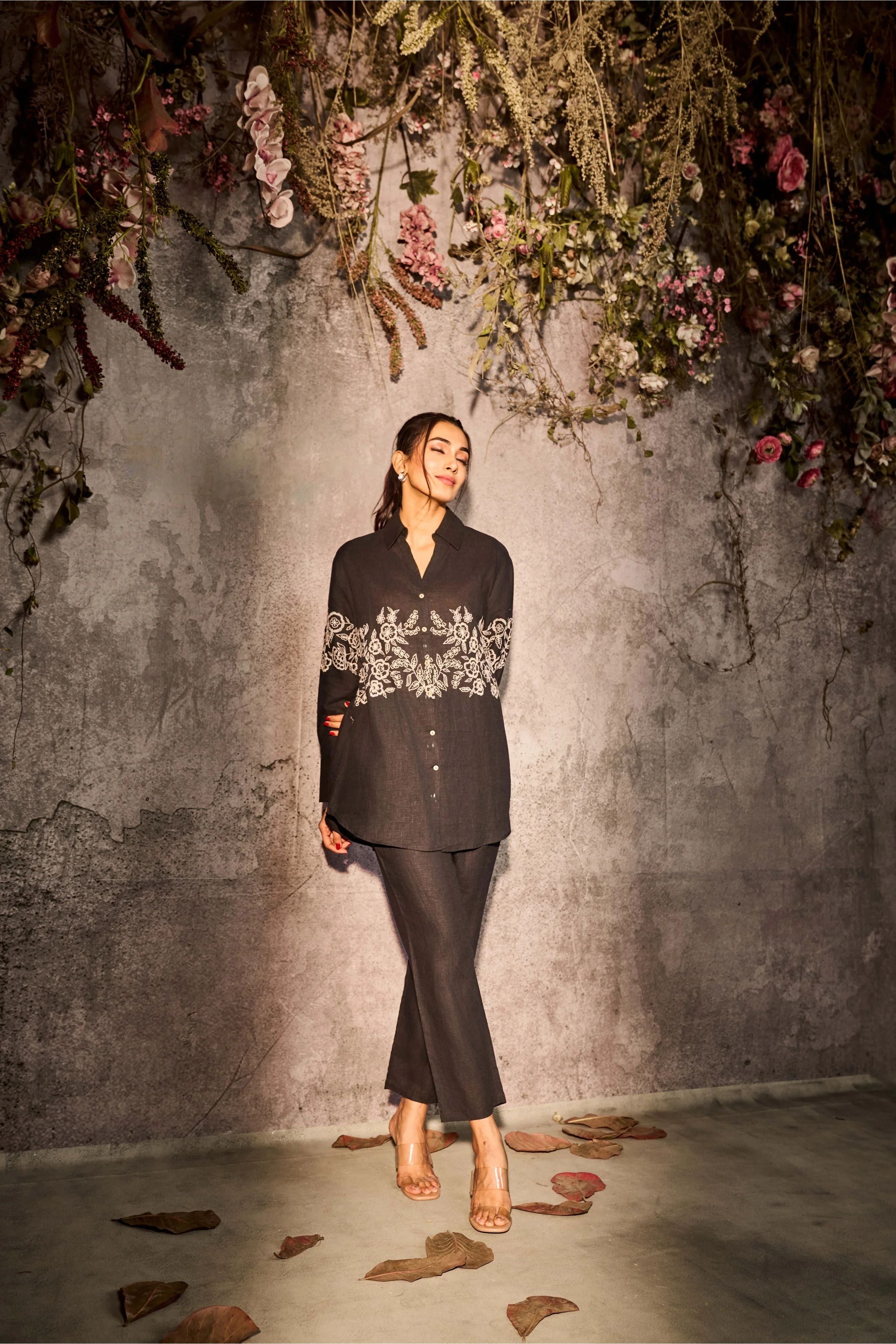 Black Linen Embroidered Co-Ord Set - Mokshaa