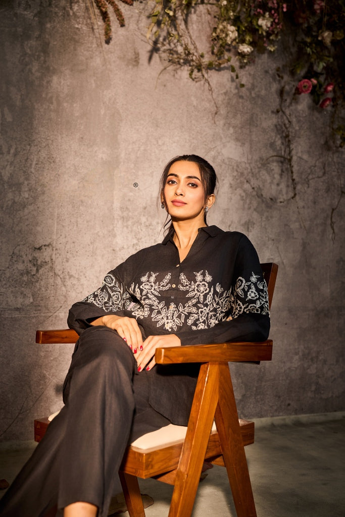Black Linen Embroidered Co-Ord Set
