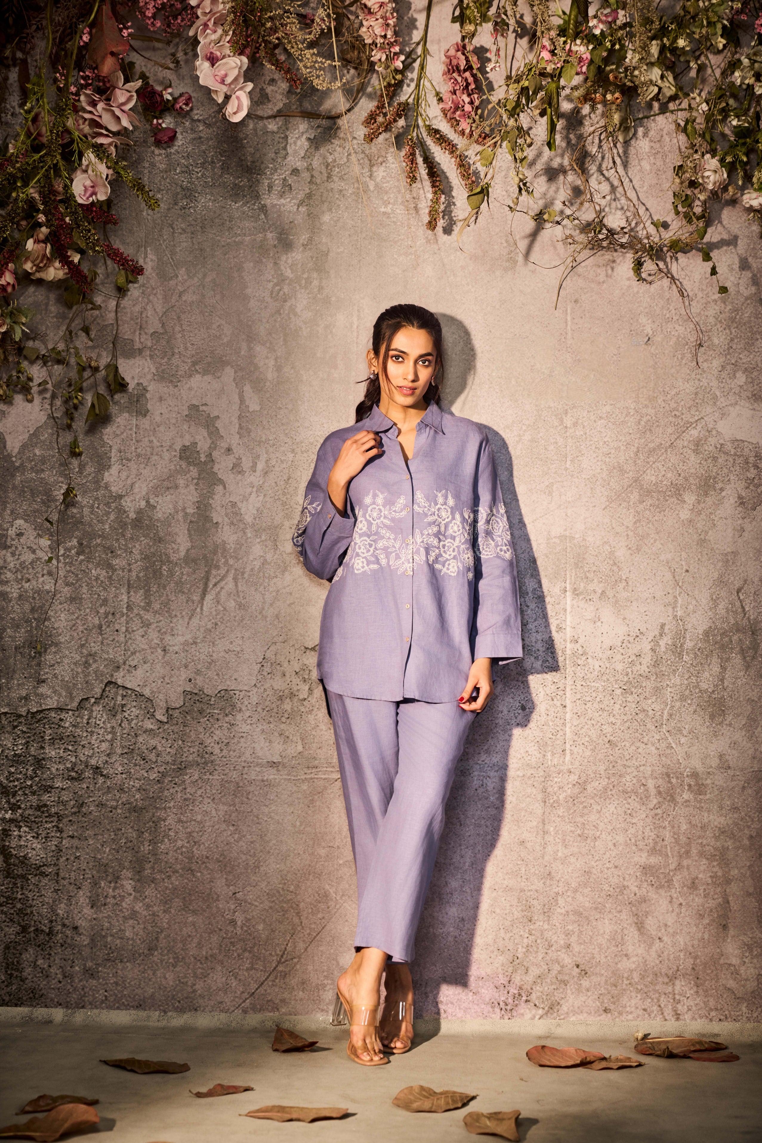Lavender Linen Co-Ord Set with White Floral Embroidery | Mokshaa