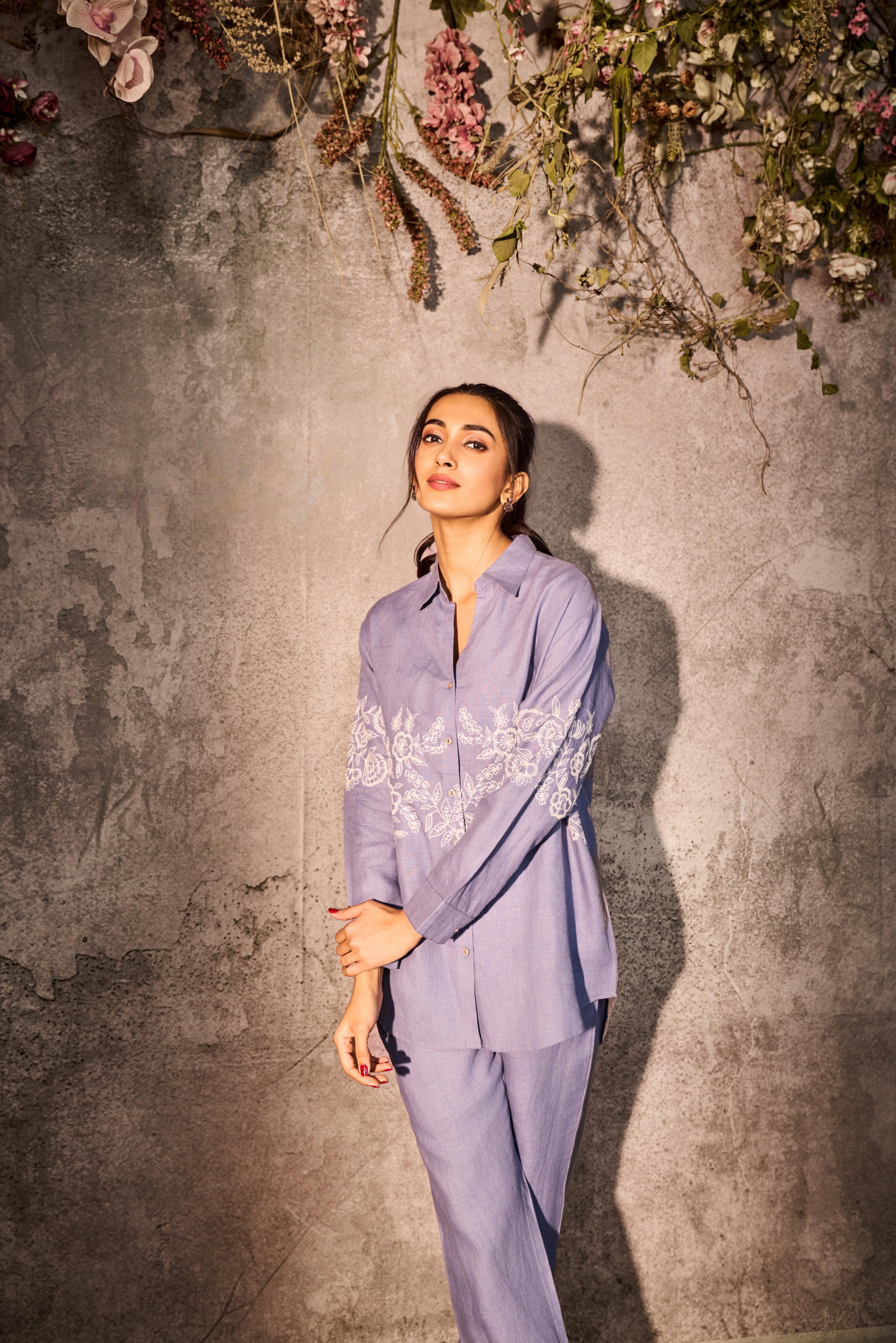 Lavender Linen Co-Ord Set with White Floral Embroidery