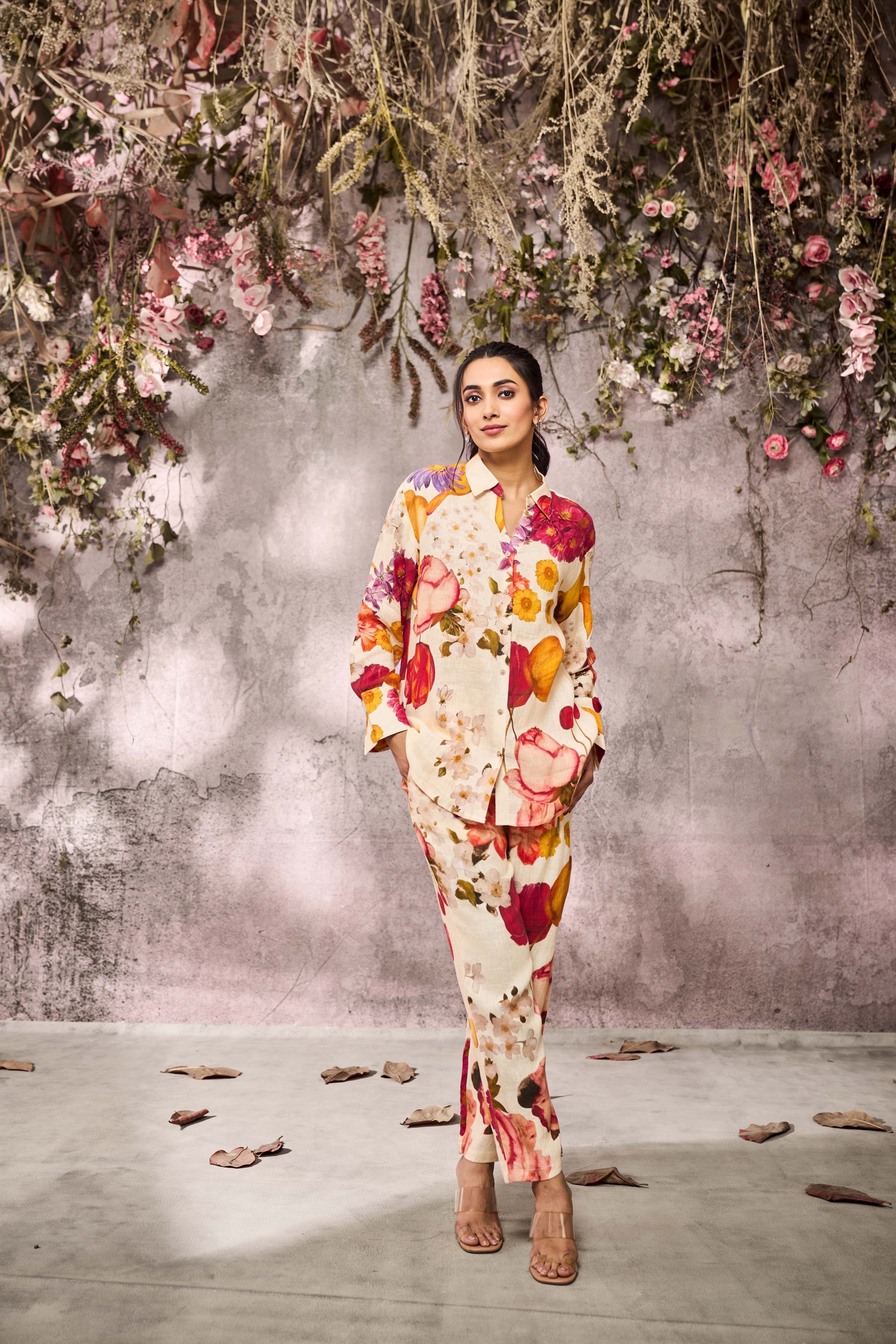 Cream Linen Silk Co-Ord Set with Multi-Color Floral Print