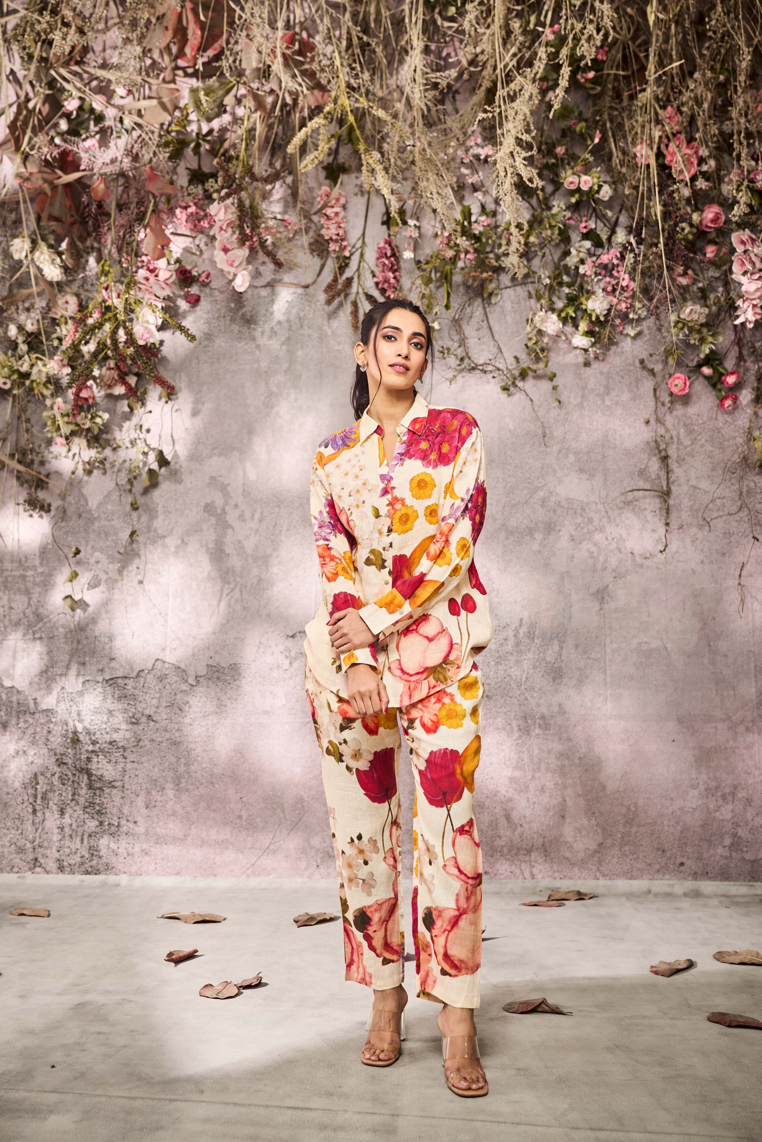 Cream Linen Silk Co-Ord Set with Multi-Color Floral Print