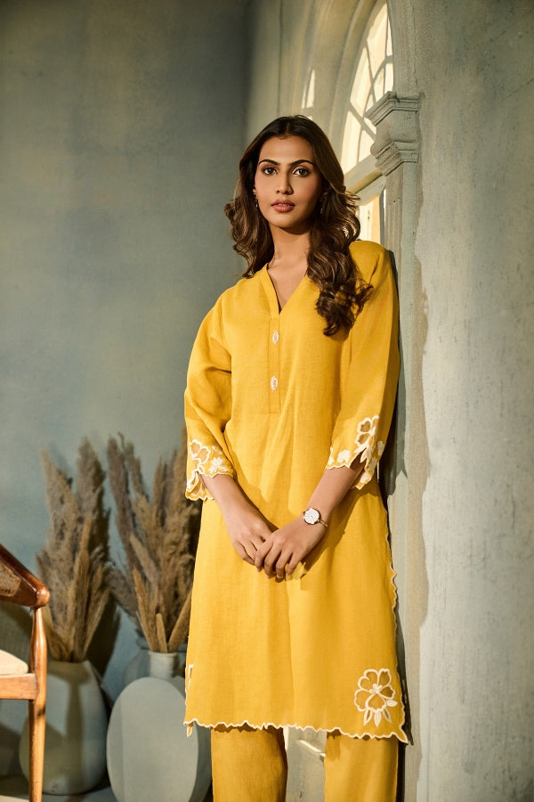 Mustard Yellow Linen Co-Ord Set with White Floral Embroidery