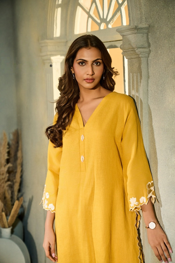Mustard Yellow Linen Co-Ord Set with White Floral Embroidery