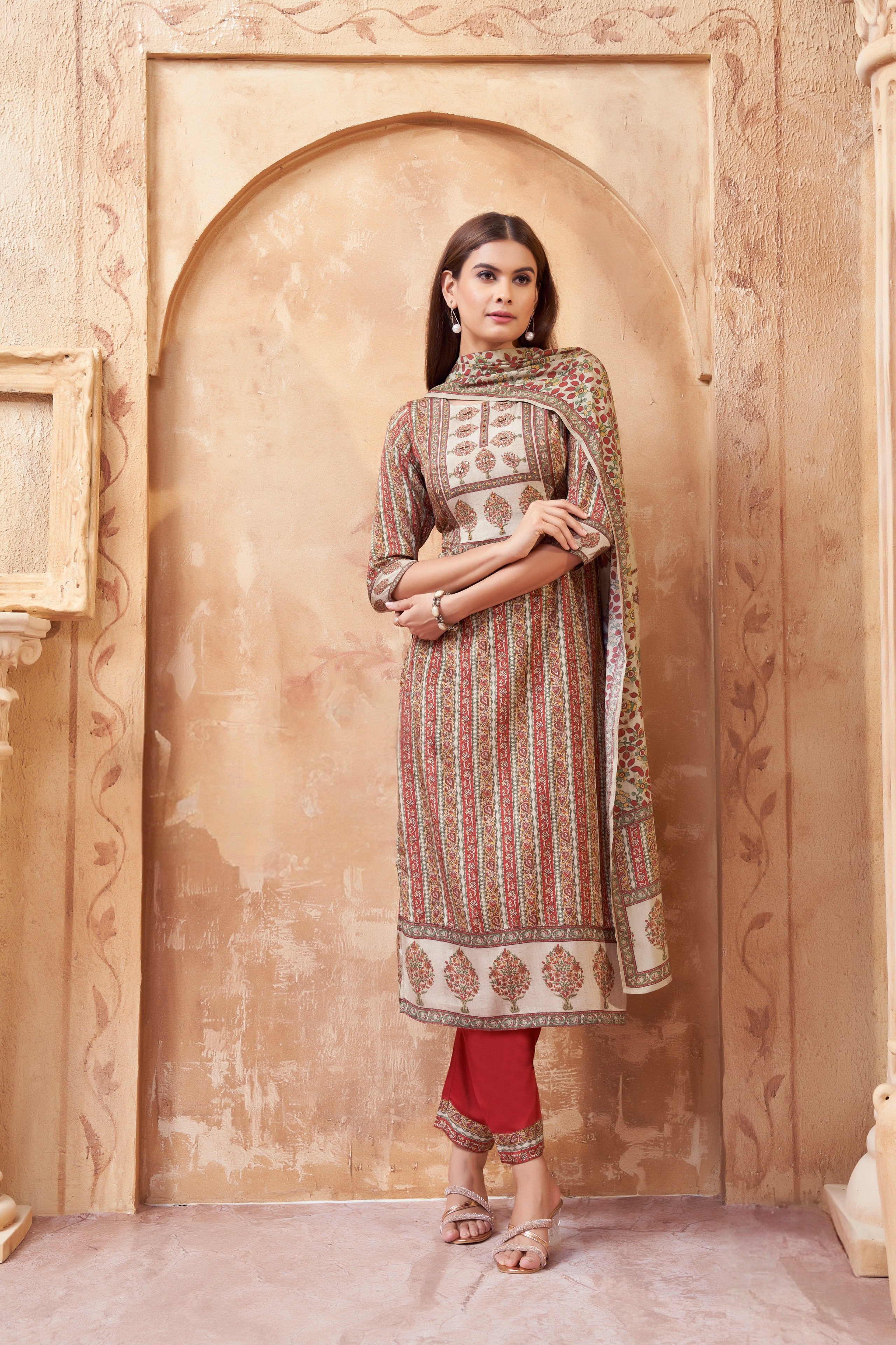Beige Silk Kurta Set with Traditional Block Print Dupatta