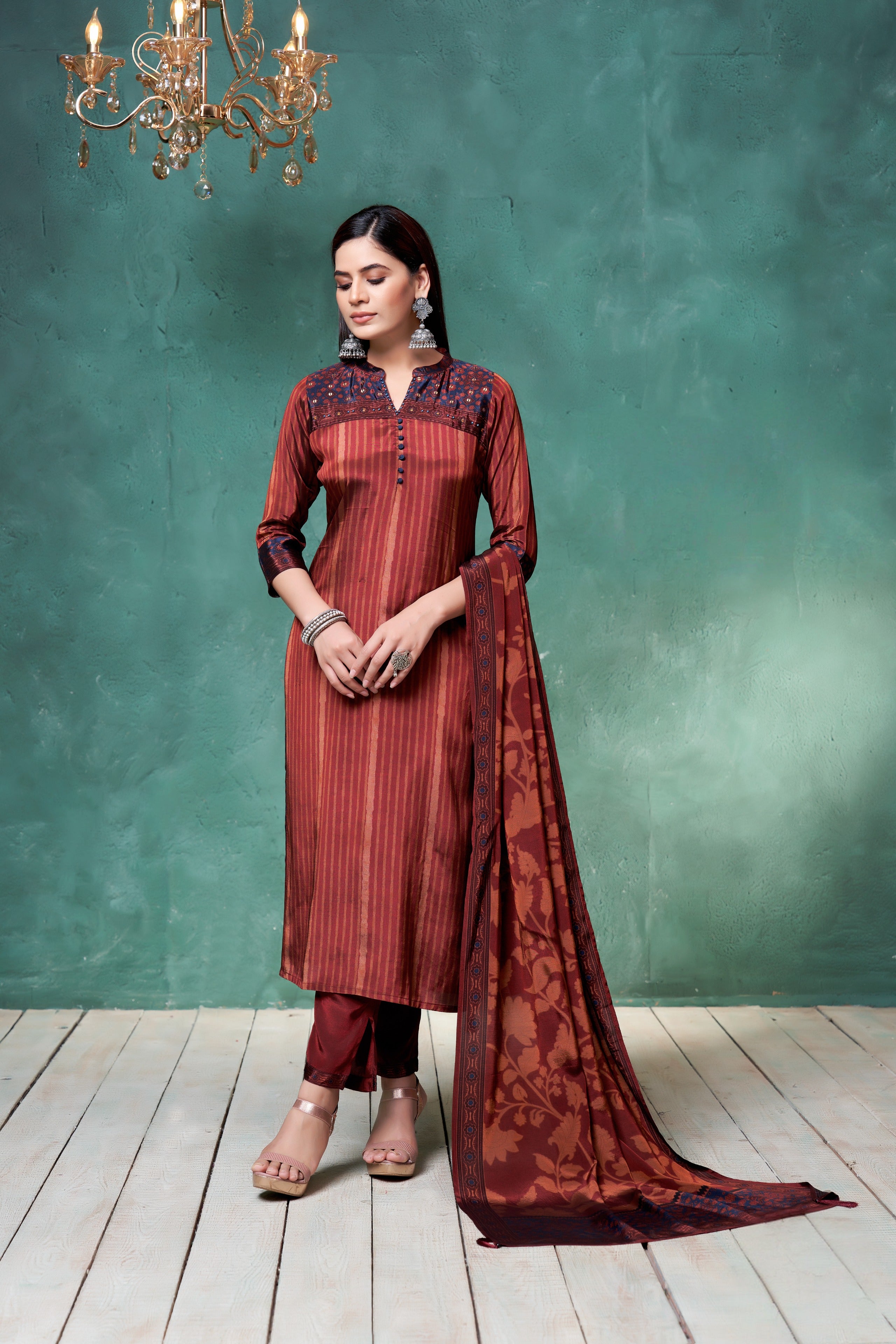 Rust Crepe Kurta Set with Floral Printed Dupatta