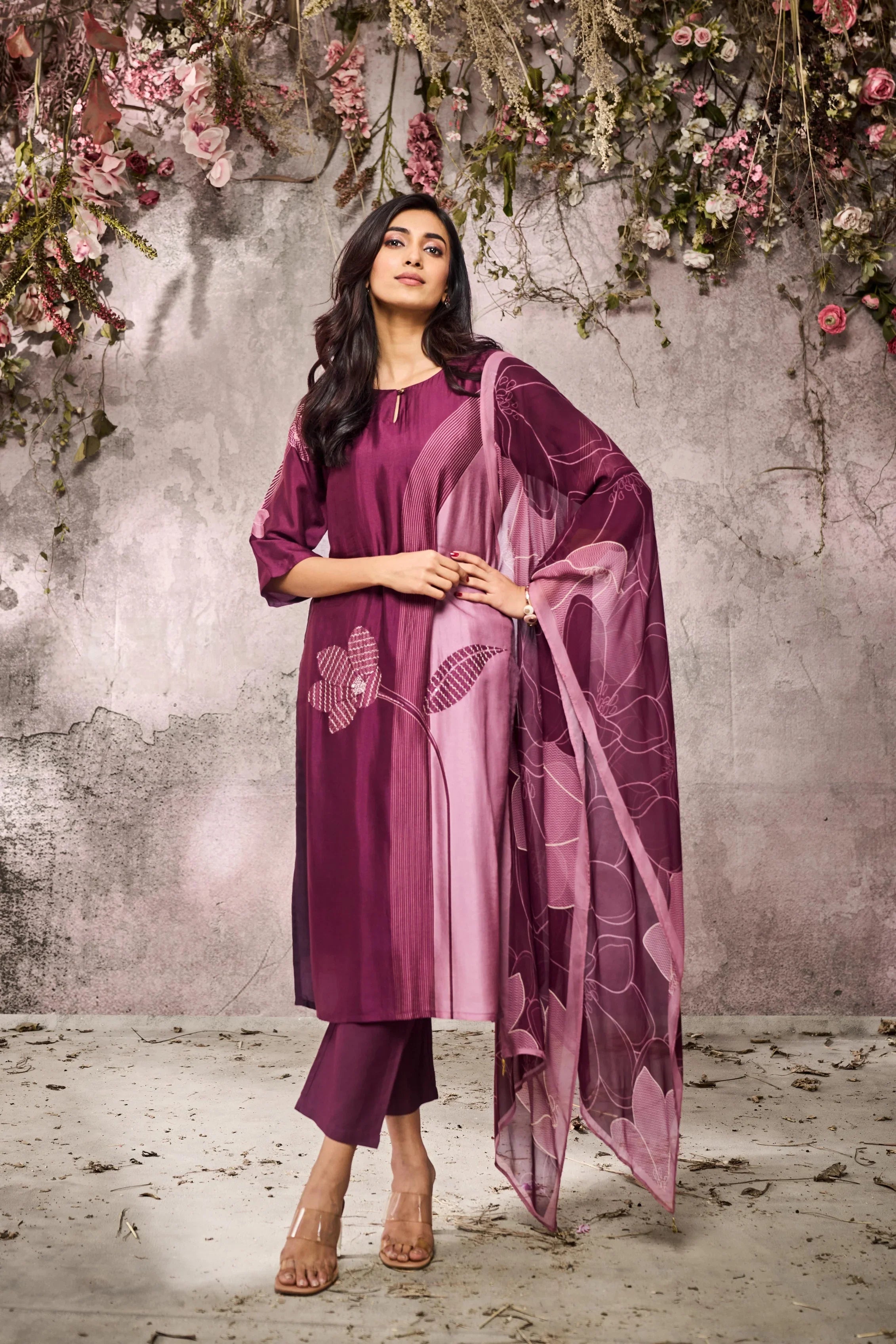 Wine Muslin Printed Kurta Set with Floral Motif Dupatta | Mokshaa