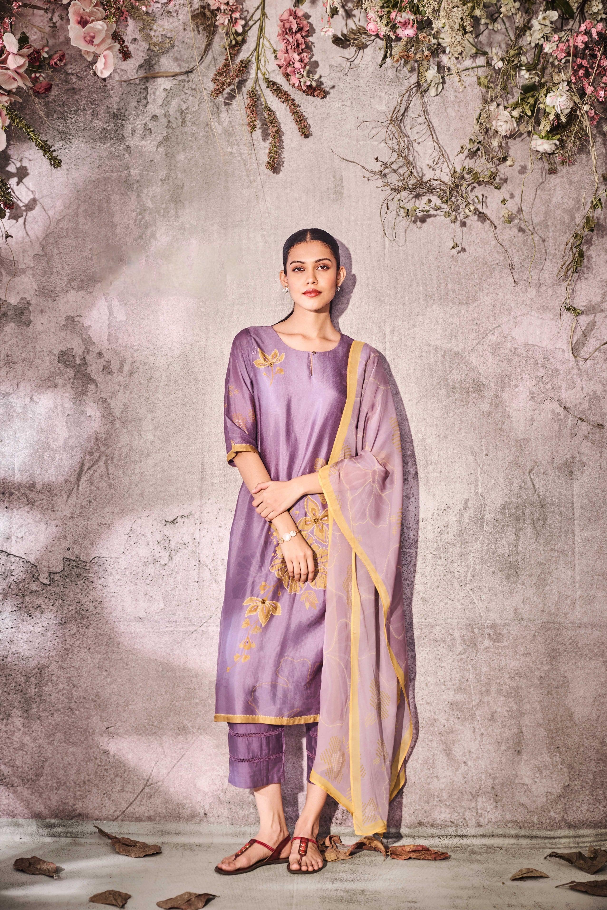 Mauve Muslin Kurta Set with Gold Floral Print & Dupatta | Mokshaa
