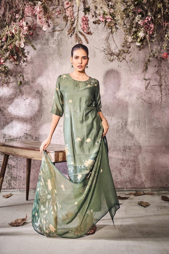 Sage Green Muslin Kurta Set with Floral Print & Dupatta | Mokshaa
