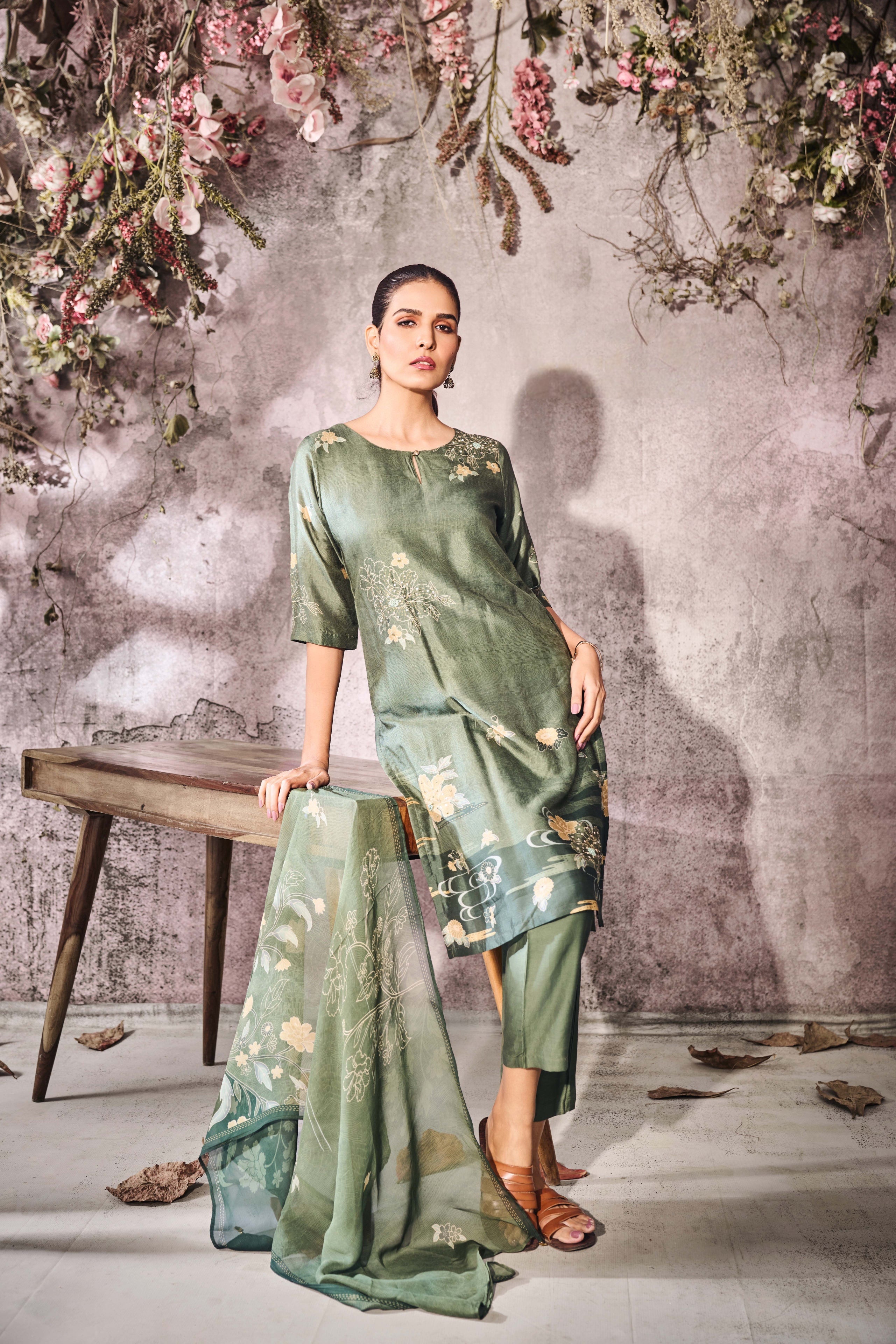 Sage Green Muslin Kurta Set with Floral Print & Dupatta