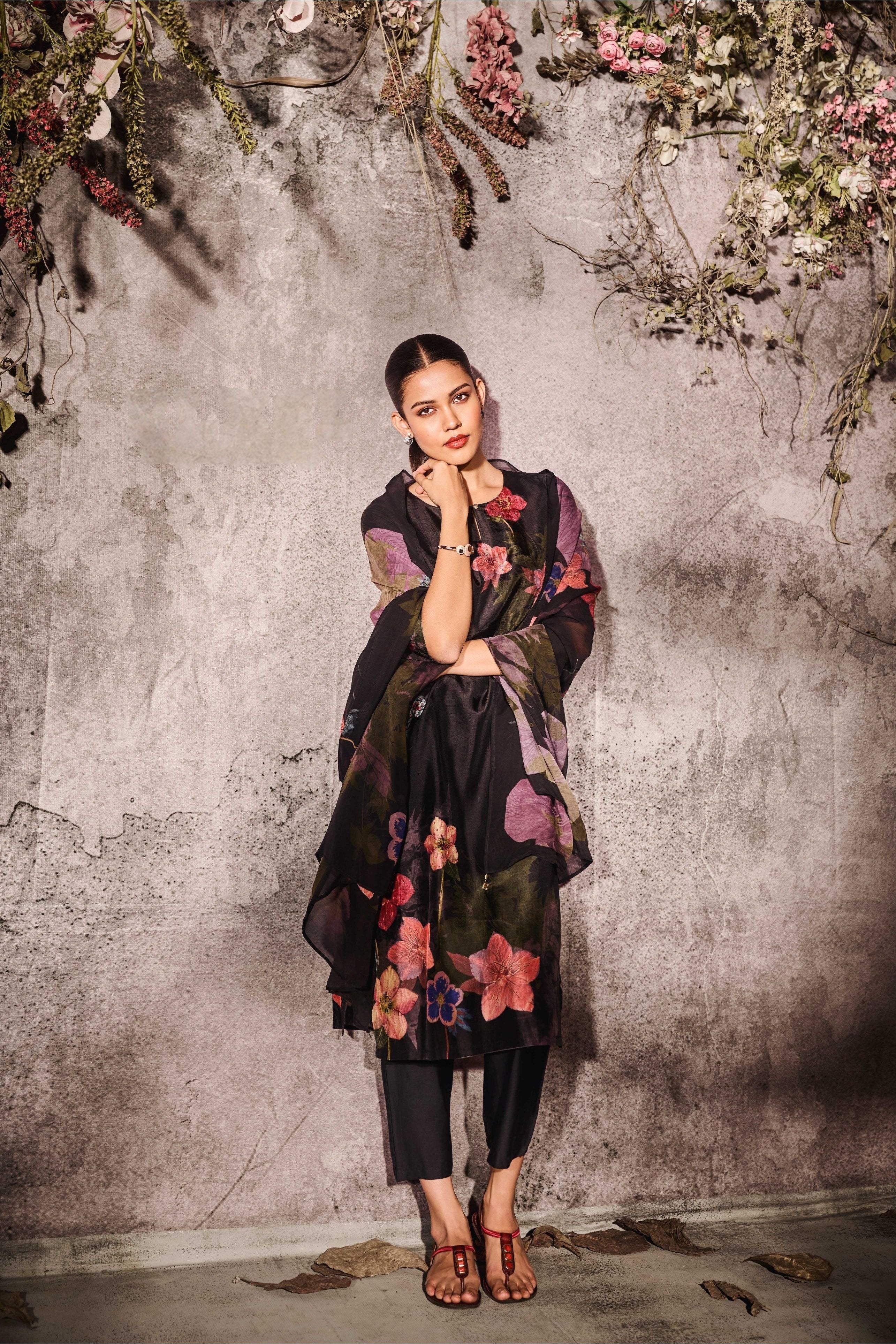 Black Muslin Kurta Set with Floral Print & Dupatta - Mokshaa