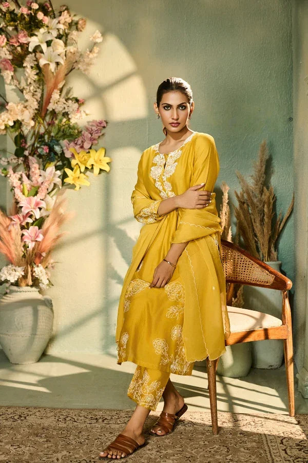 Yellow Kurta Set with White Thread Embroidery & Dupatta | Mokshaa