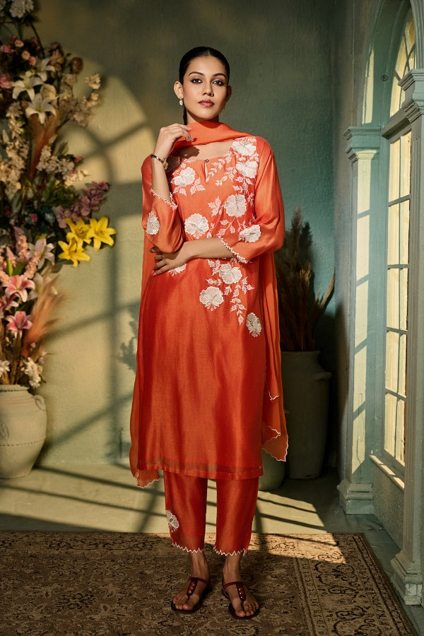 Burnt Orange Muslin Kurta Set with White Floral Embroidery & Dupatta
