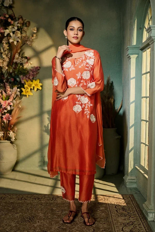 Burnt Orange Muslin Kurta Set with White Floral Embroidery & Dupatta | Mokshaa