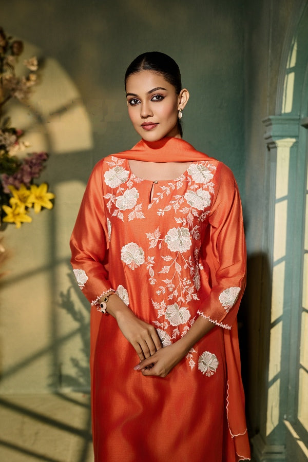 Burnt Orange Muslin Kurta Set with White Floral Embroidery & Dupatta