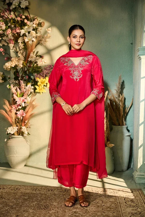 Crimson Crepe Kurta Set with Zardozi & Sequin Embroidery | Mokshaa