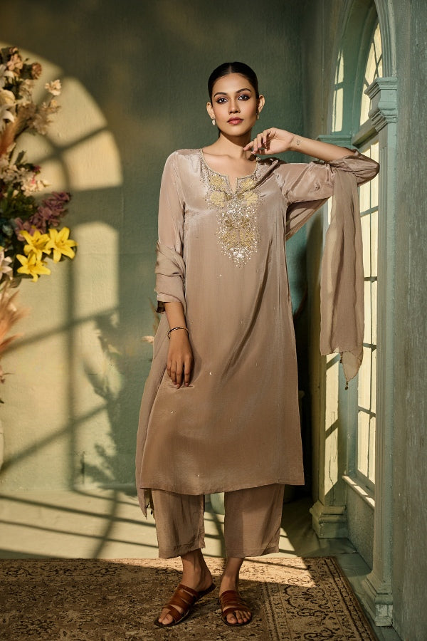Taupe Crepe Kurta Set with Gold Sequin Embroidery & Dupatta