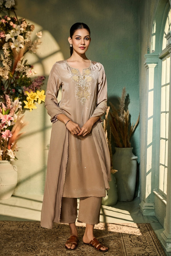 Taupe Crepe Kurta Set with Gold Sequin Embroidery & Dupatta