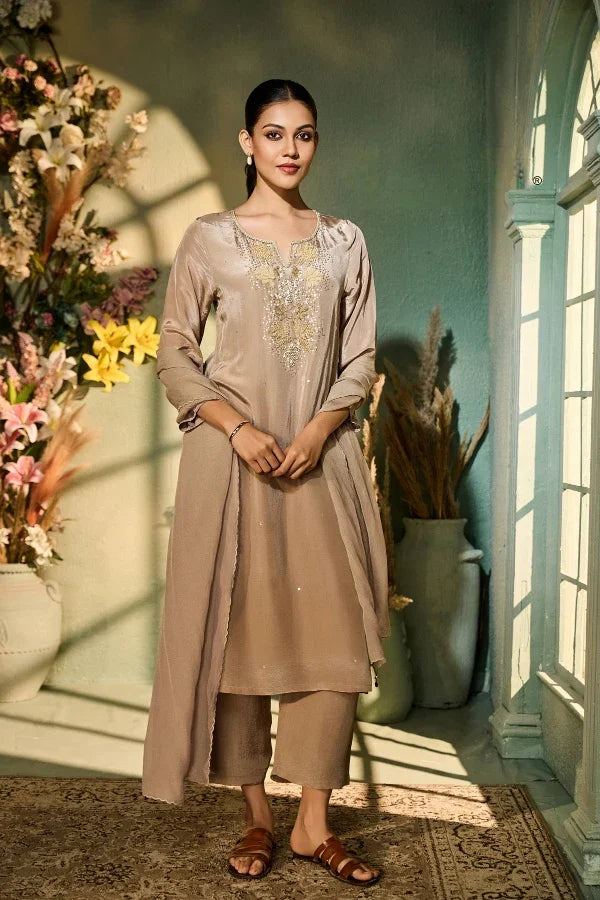 Taupe Crepe Kurta Set with Gold Sequin Embroidery & Dupatta | Mokshaa