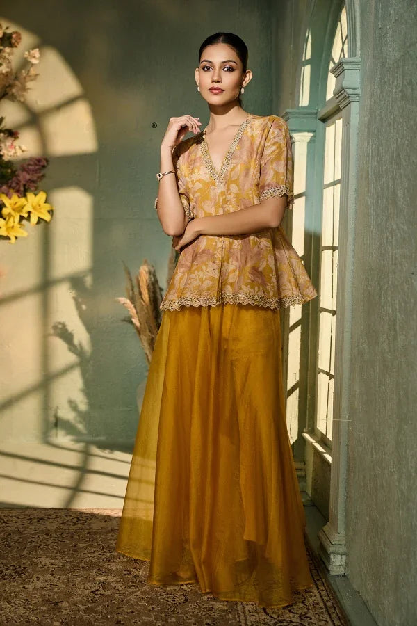 Mustard Organza Palazzo Set with Printed Peplum Top | Mokshaa
