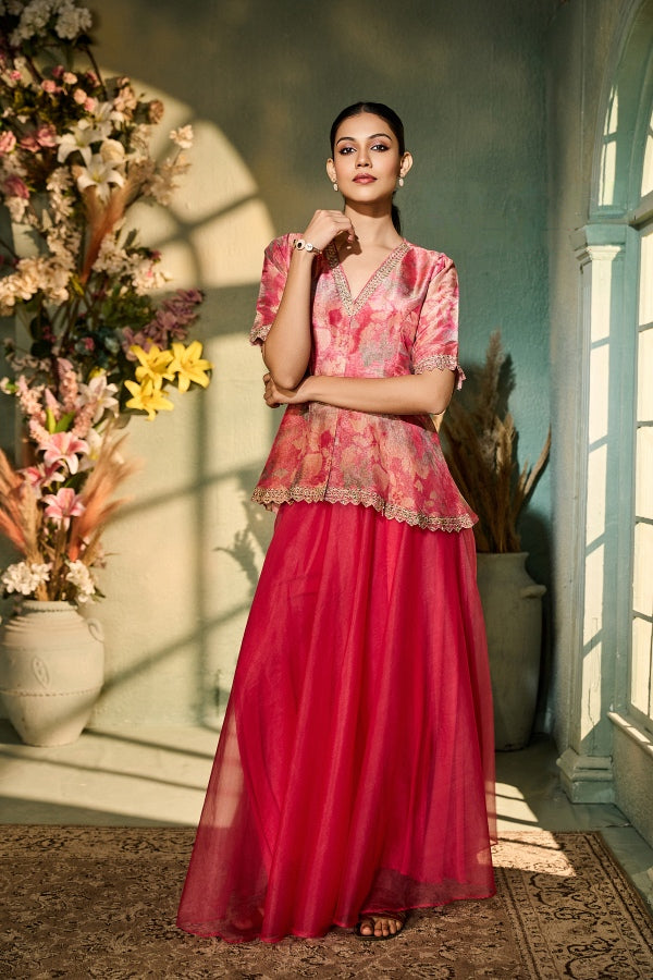 Pink Organza Peplum Top with Matching Palazzo