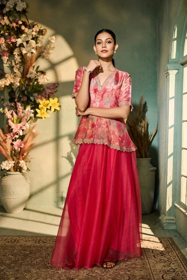 Pink Organza Peplum Top with Matching Palazzo | Mokshaa