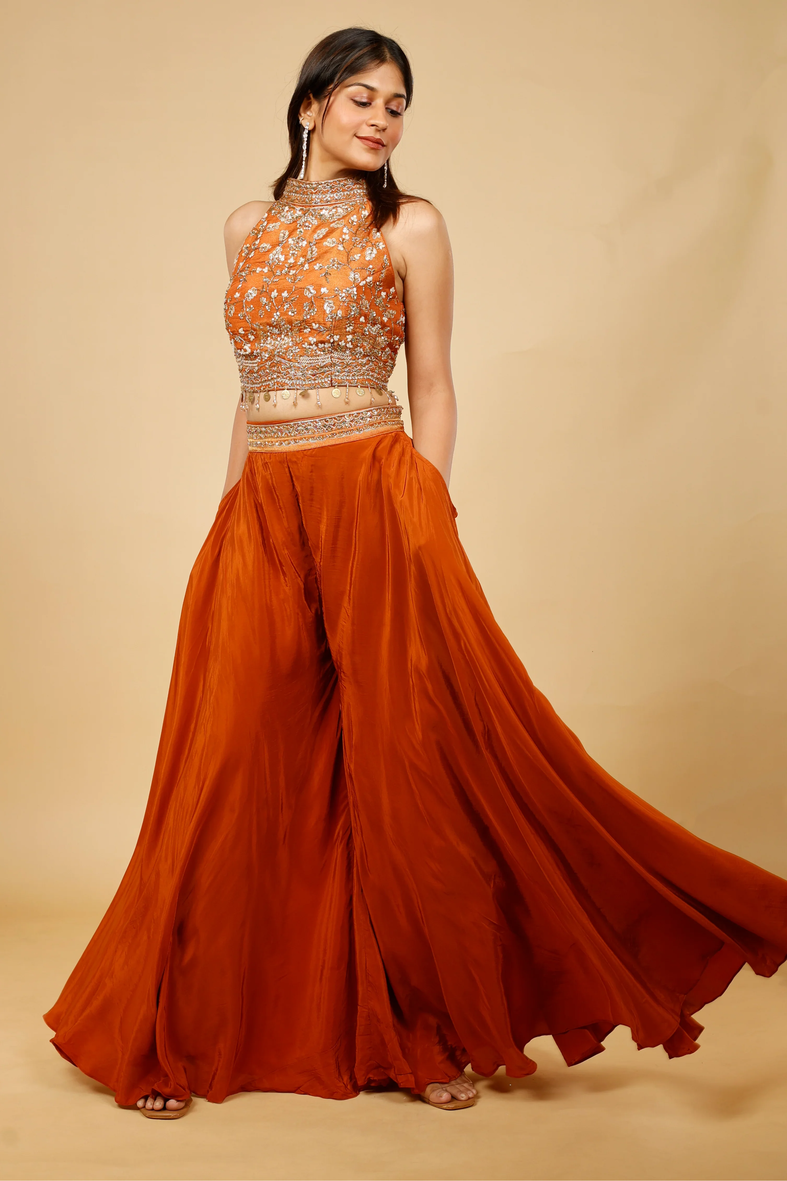 Rust Orange Crepe Silk Crop Top Palazzo Set with Sequin, Cutdana & Pearl Embroidery - Mokshaa