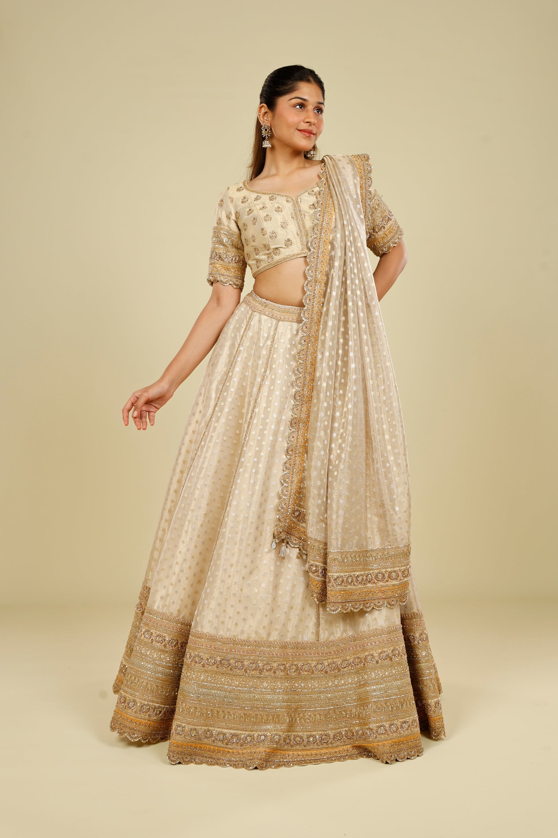 Ivory Banarasi Tissue Organza Lehenga Set with Zardozi, Zari & Sequin Embroidery