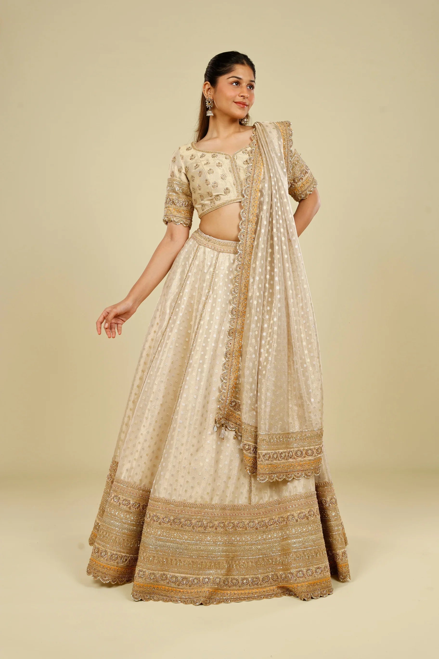 Ivory Banarasi Tissue Organza Lehenga Set with Zardozi, Zari & Sequin Embroidery