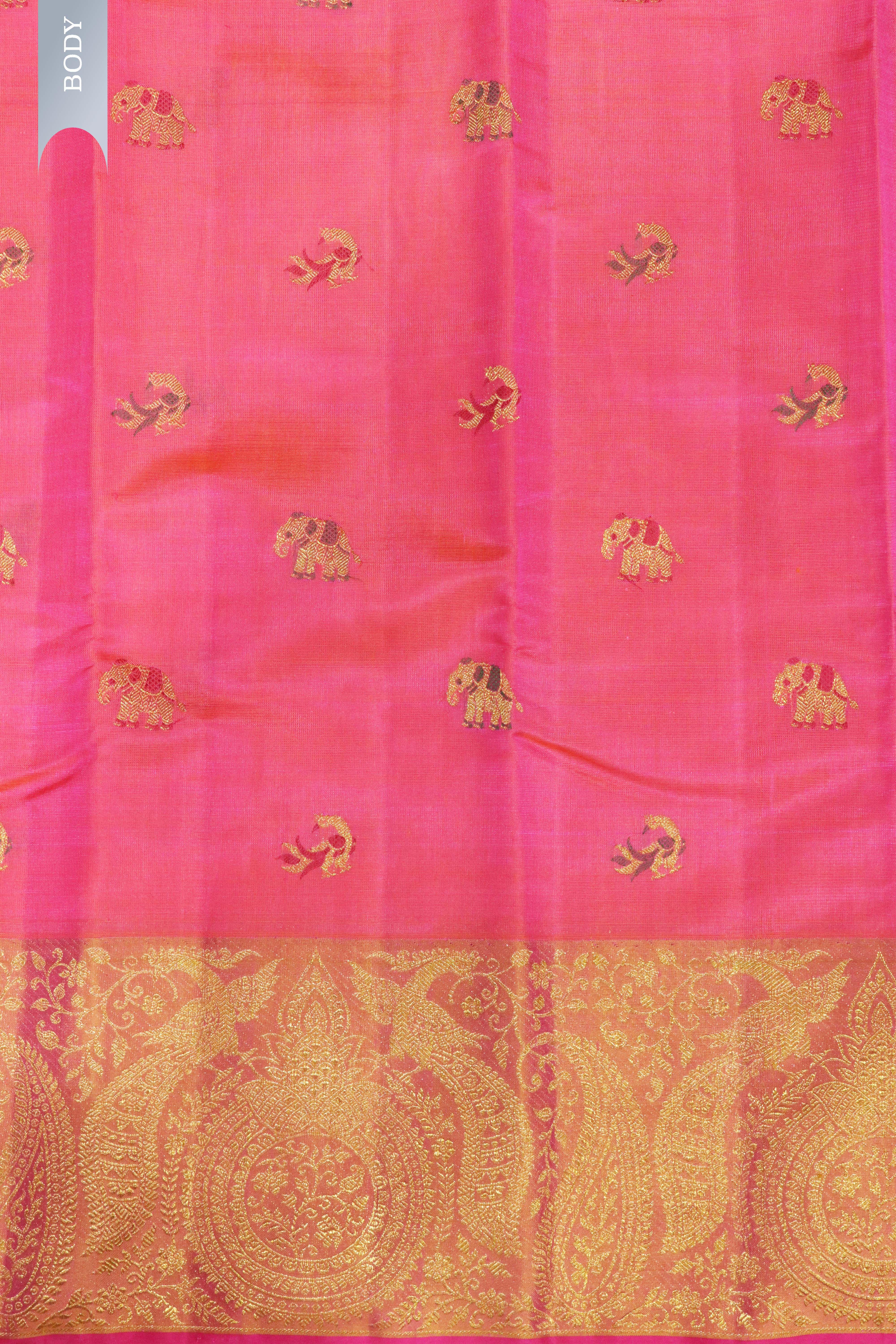 Shaded Pink Kanchipuram Silk Saree with Peacock & Elephant Motifs and Fancy Border