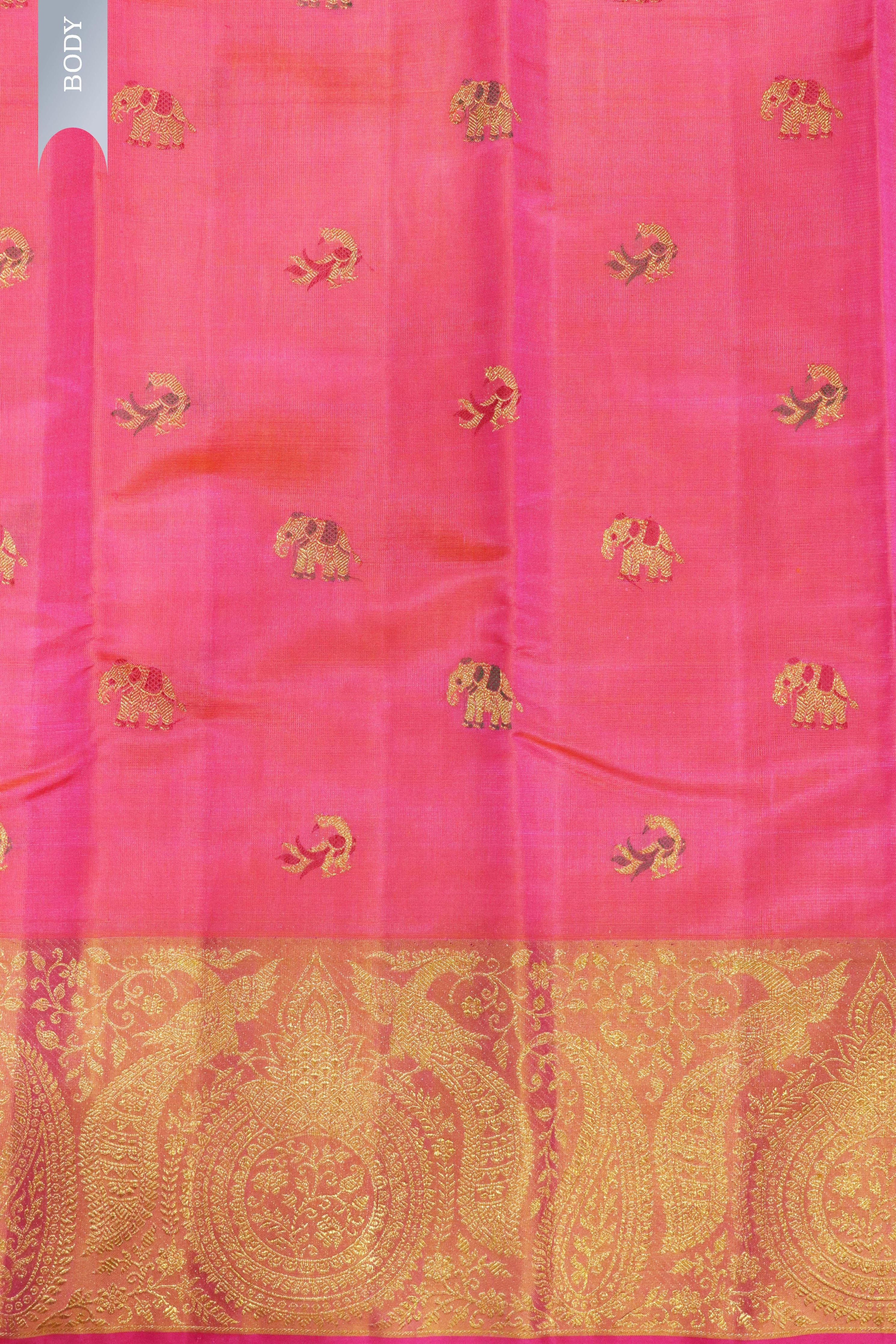 Shaded Pink Kanchipuram Silk Saree with Peacock & Elephant Motifs and Fancy Border - Mokshaa
