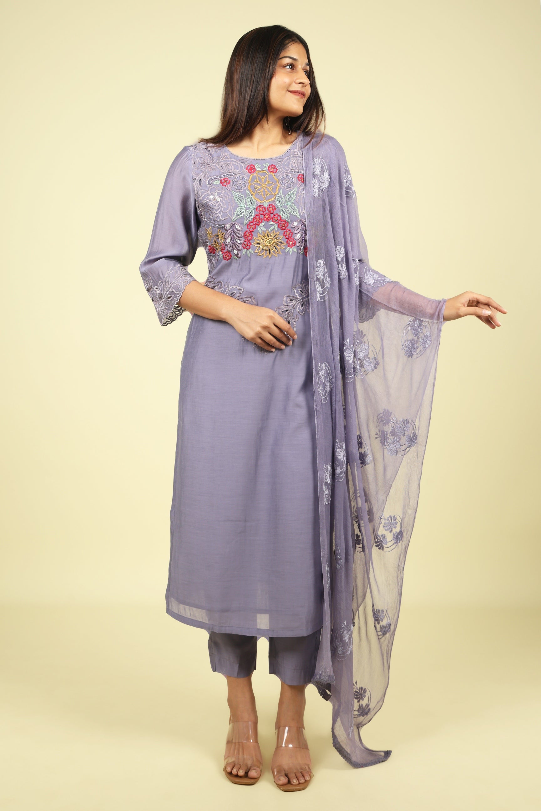 Violet Embroidered Mul Chanderi Salwar Suit