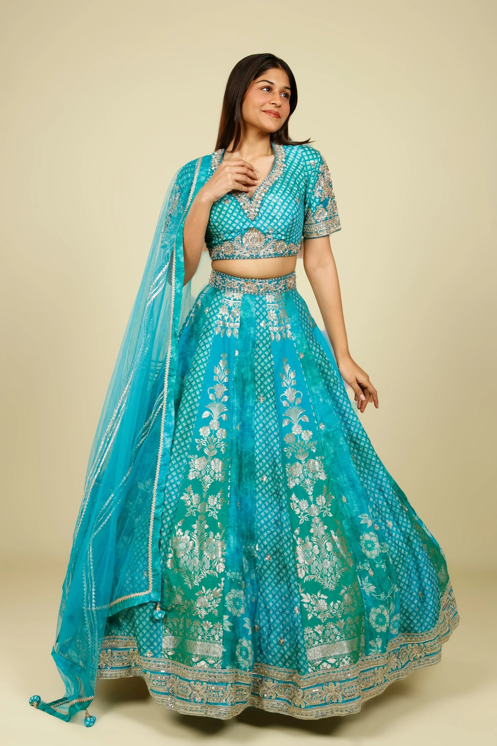 Teal Banarasi Printed Lehenga Set with Zari, Zardozi & Sequin Embroidery | Mokshaa